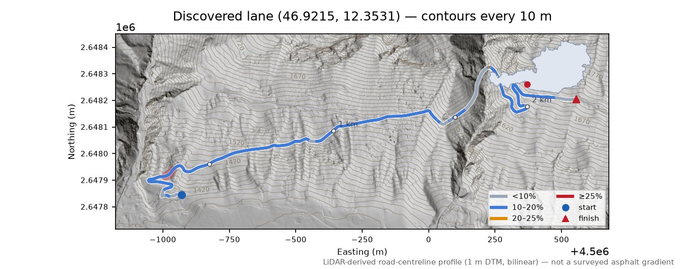 Discovered lane (46.9215, 12.3531) LiDAR hillshade map with contours