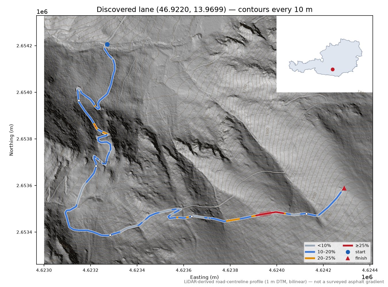 Discovered lane (46.9220, 13.9699) LiDAR hillshade map with contours