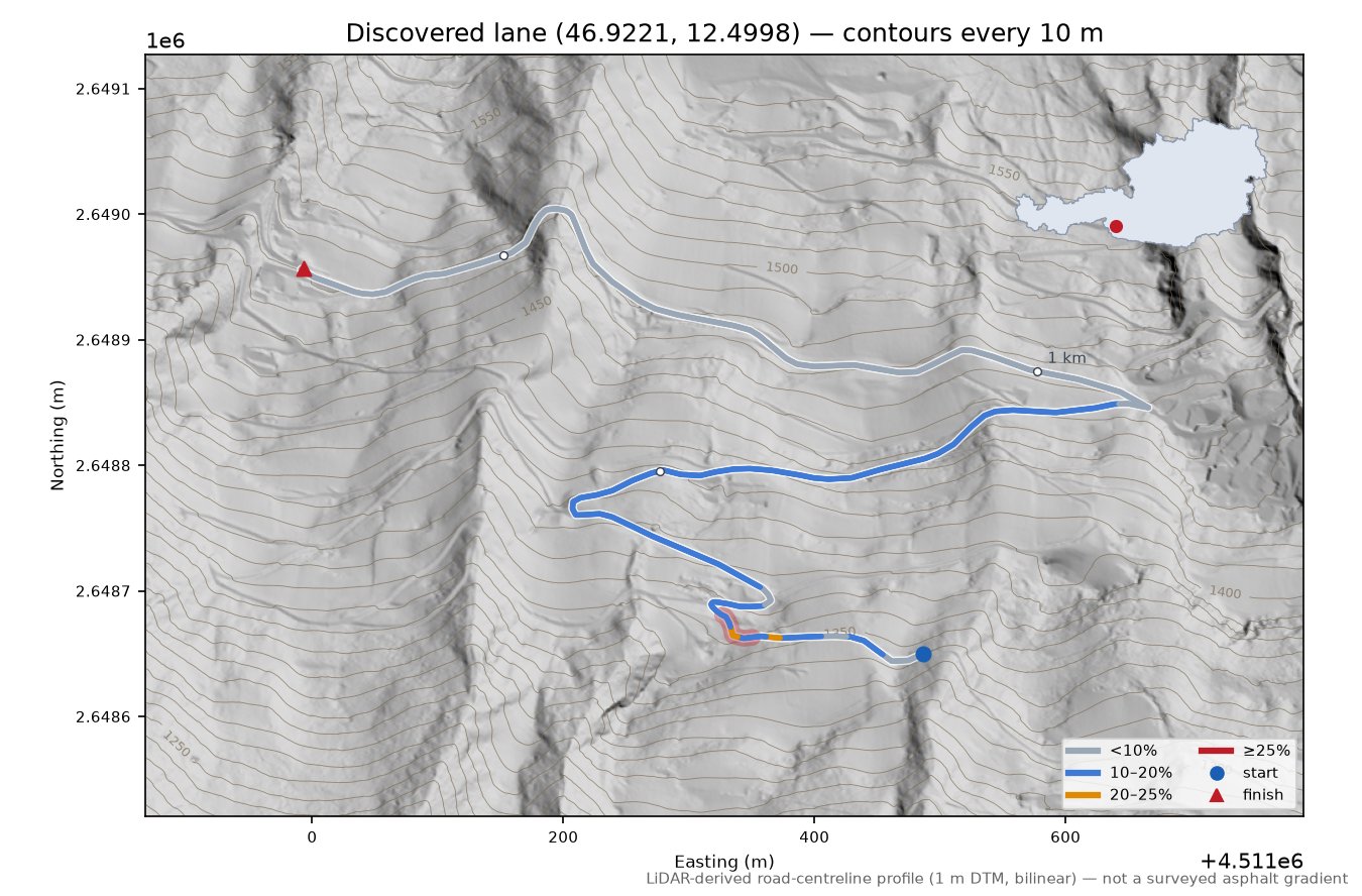 Discovered lane (46.9221, 12.4998) LiDAR hillshade map with contours