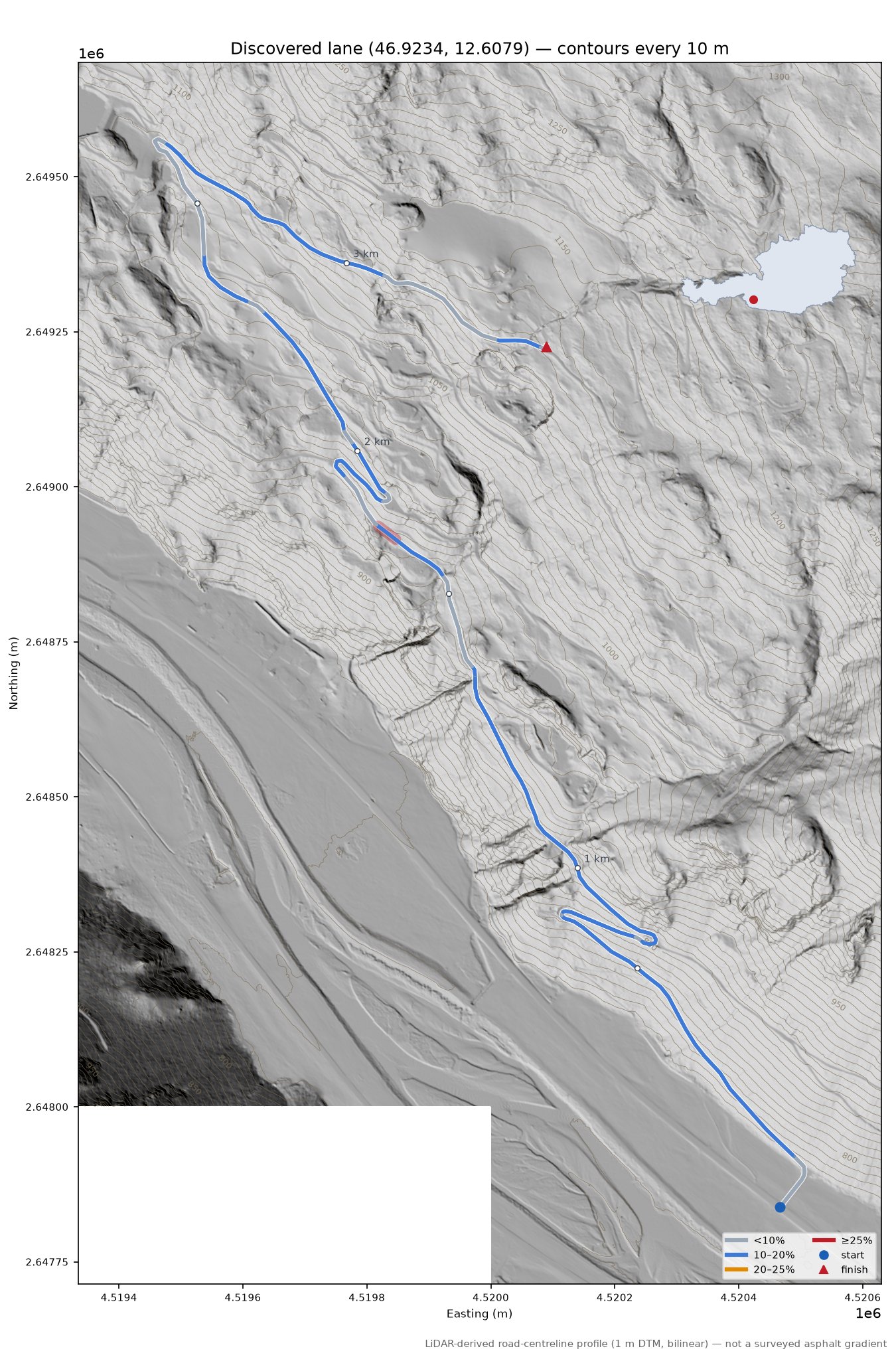 Discovered lane (46.9234, 12.6079) LiDAR hillshade map with contours