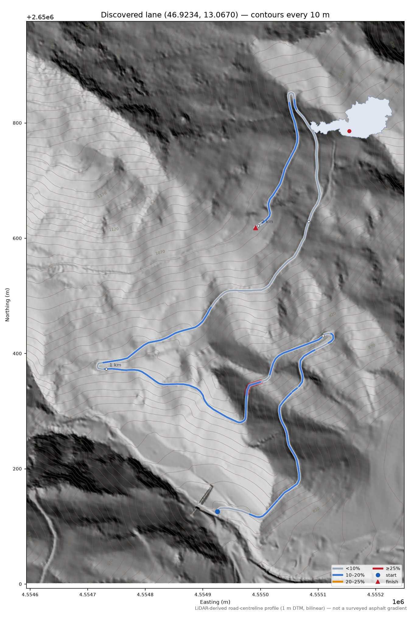 Discovered lane (46.9234, 13.0670) LiDAR hillshade map with contours