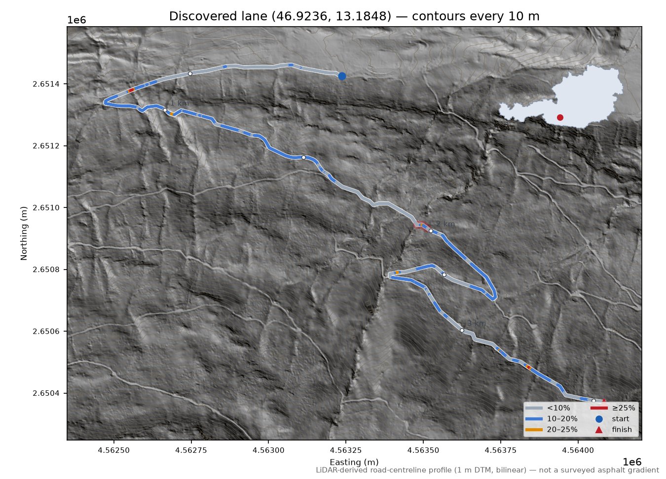 Discovered lane (46.9236, 13.1848) LiDAR hillshade map with contours