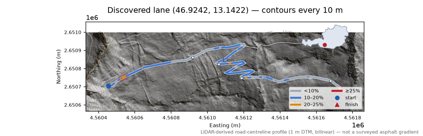 Discovered lane (46.9242, 13.1422) LiDAR hillshade map with contours
