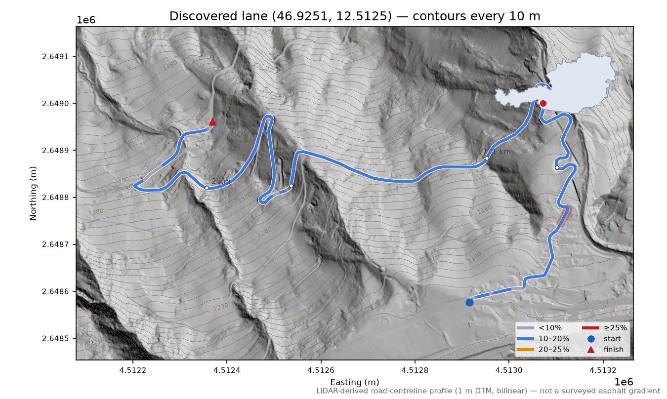 Discovered lane (46.9251, 12.5125) LiDAR hillshade map with contours