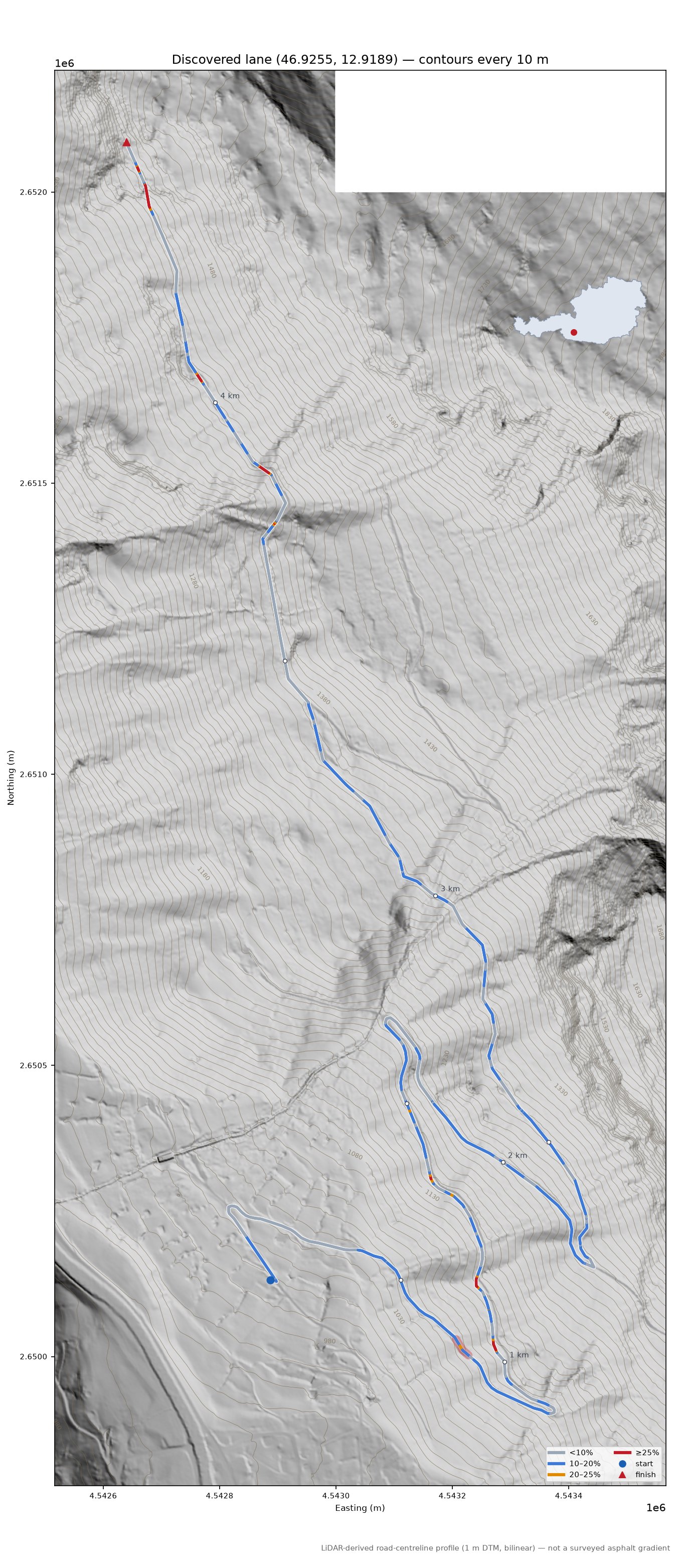 Discovered lane (46.9255, 12.9189) LiDAR hillshade map with contours
