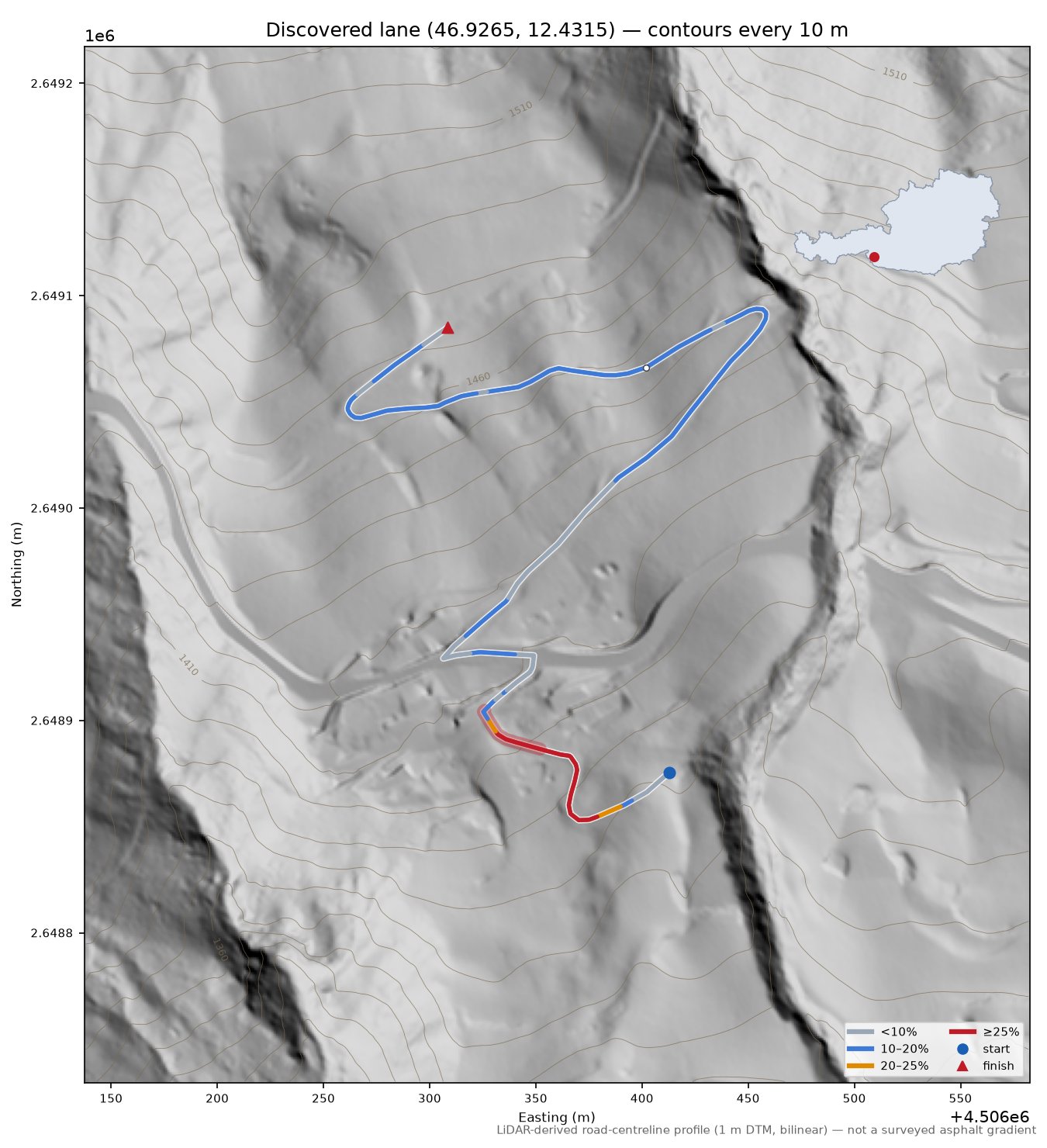 Discovered lane (46.9265, 12.4315) LiDAR hillshade map with contours