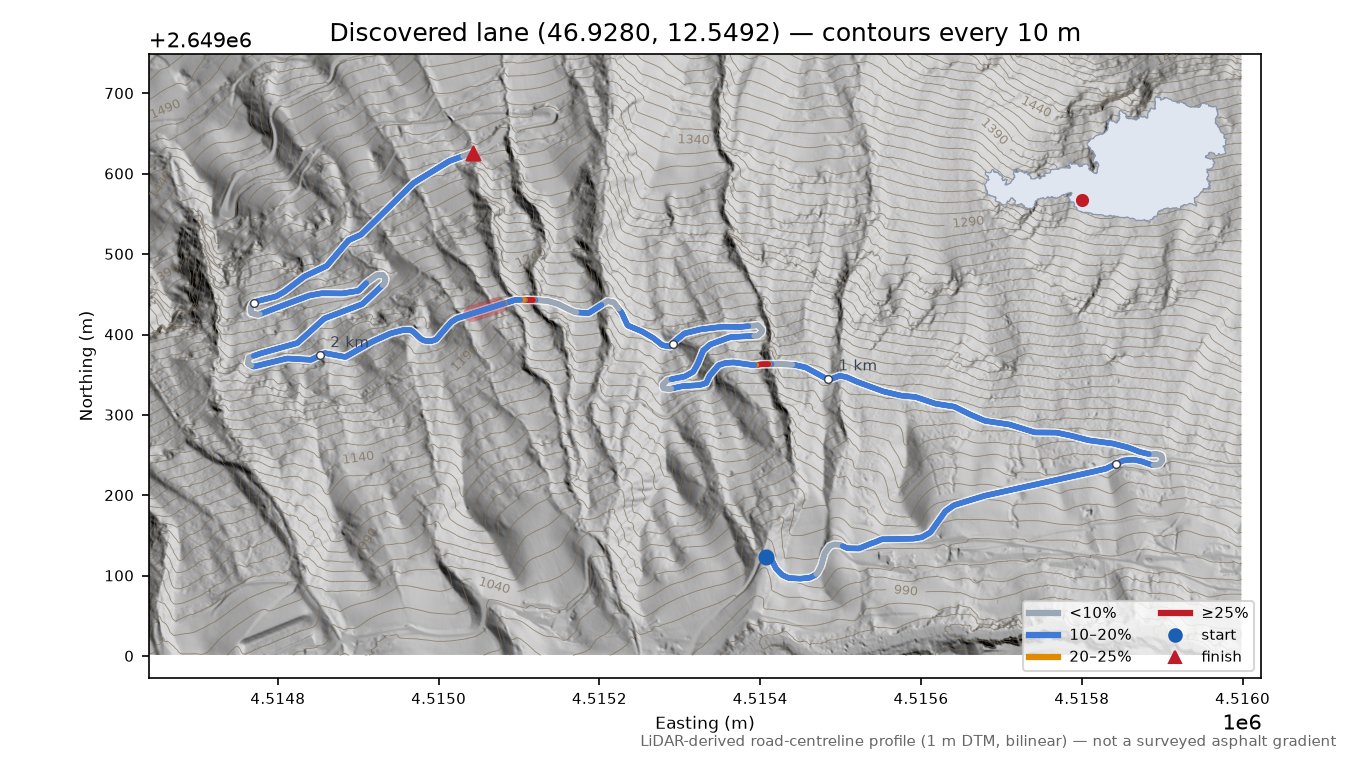 Discovered lane (46.9280, 12.5492) LiDAR hillshade map with contours
