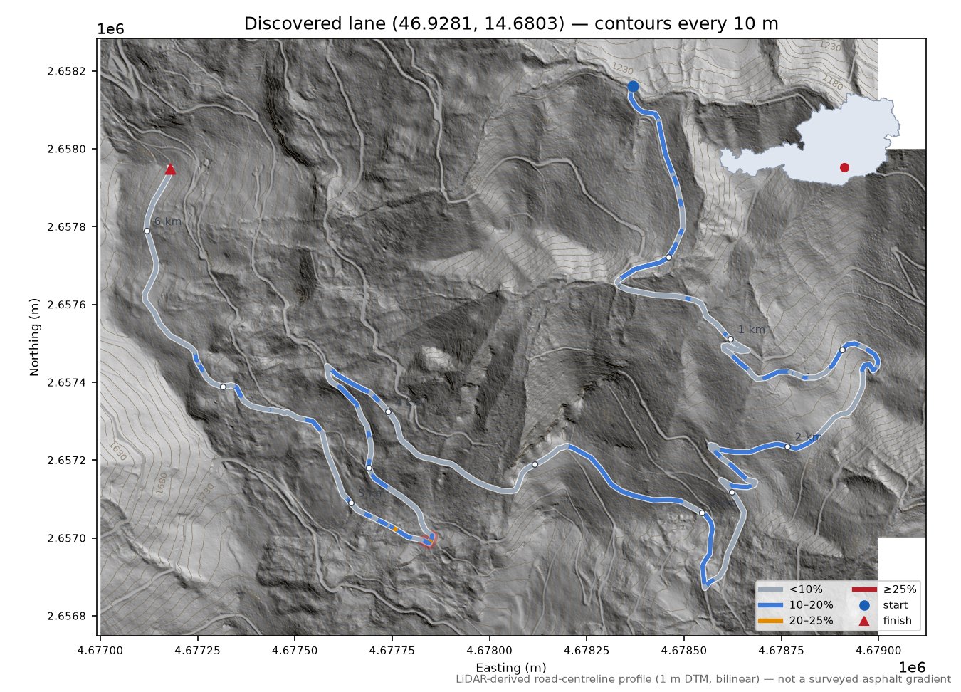Discovered lane (46.9281, 14.6803) LiDAR hillshade map with contours