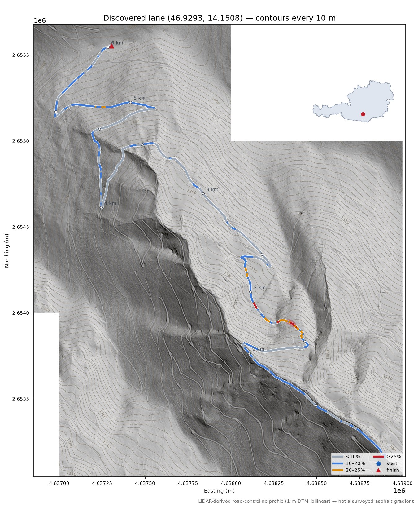 Discovered lane (46.9293, 14.1508) LiDAR hillshade map with contours