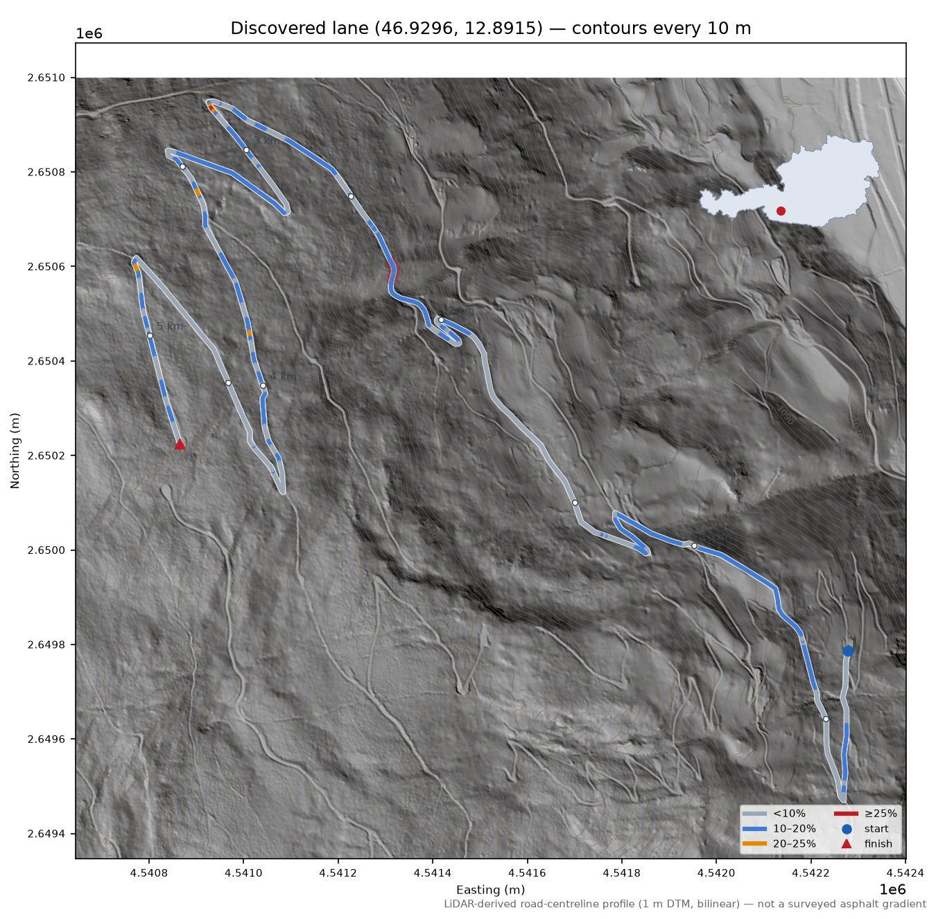 Discovered lane (46.9296, 12.8915) LiDAR hillshade map with contours
