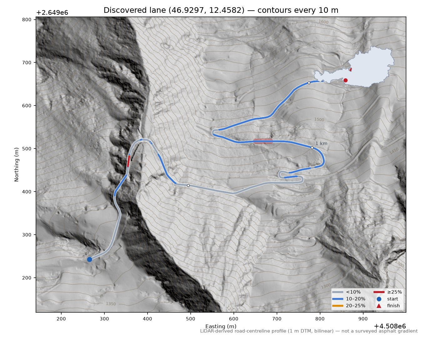 Discovered lane (46.9297, 12.4582) LiDAR hillshade map with contours