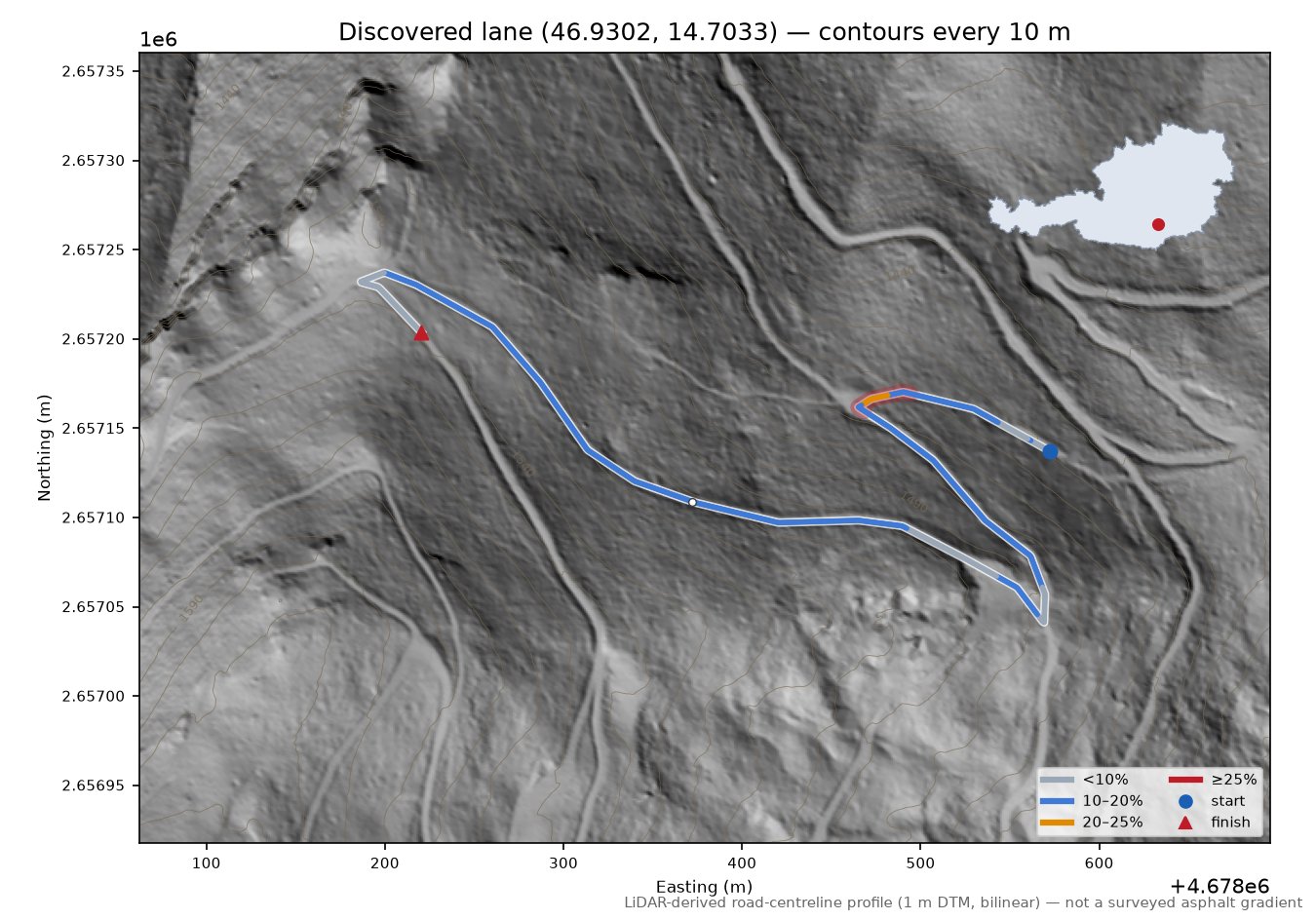 Discovered lane (46.9302, 14.7033) LiDAR hillshade map with contours