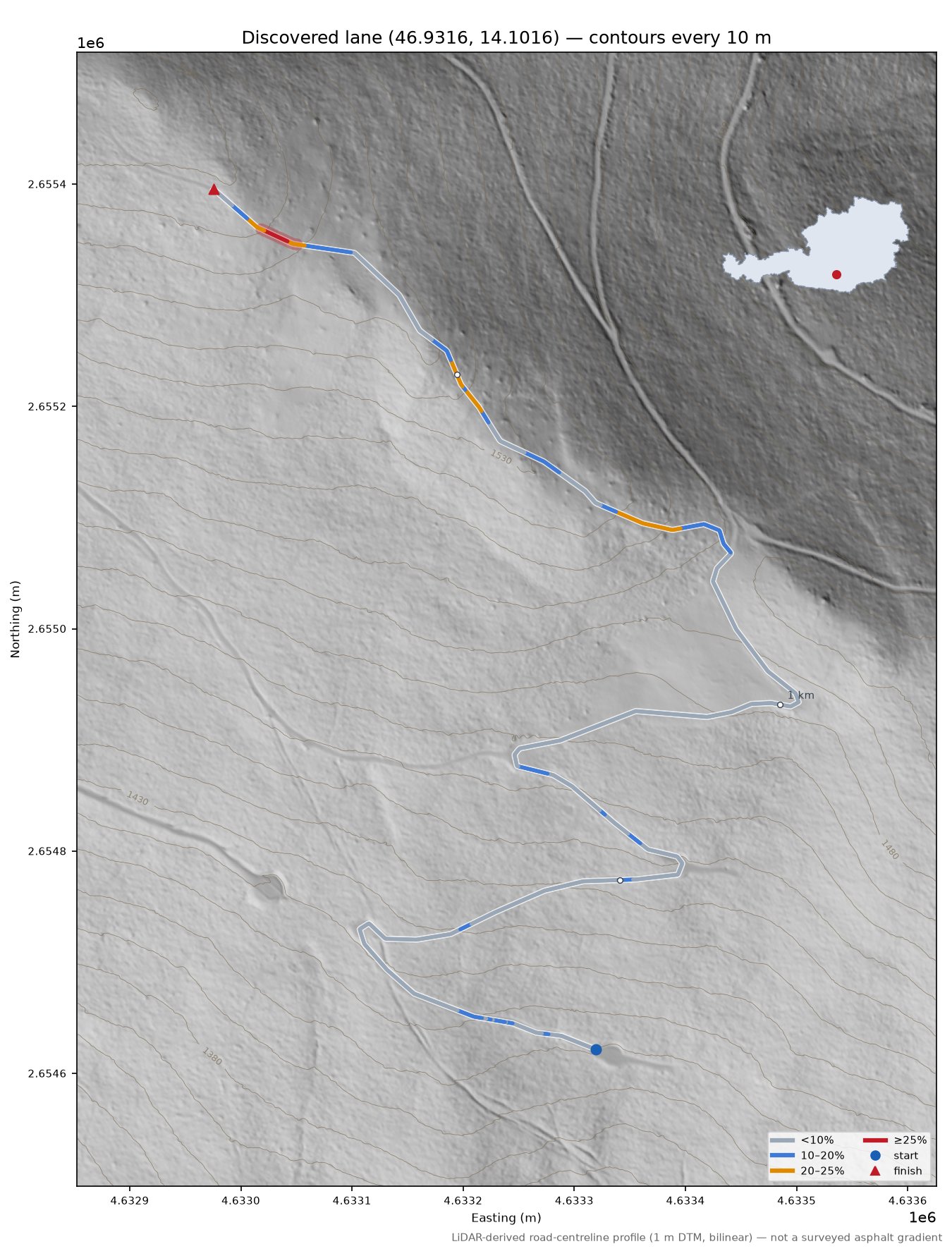 Discovered lane (46.9316, 14.1016) LiDAR hillshade map with contours