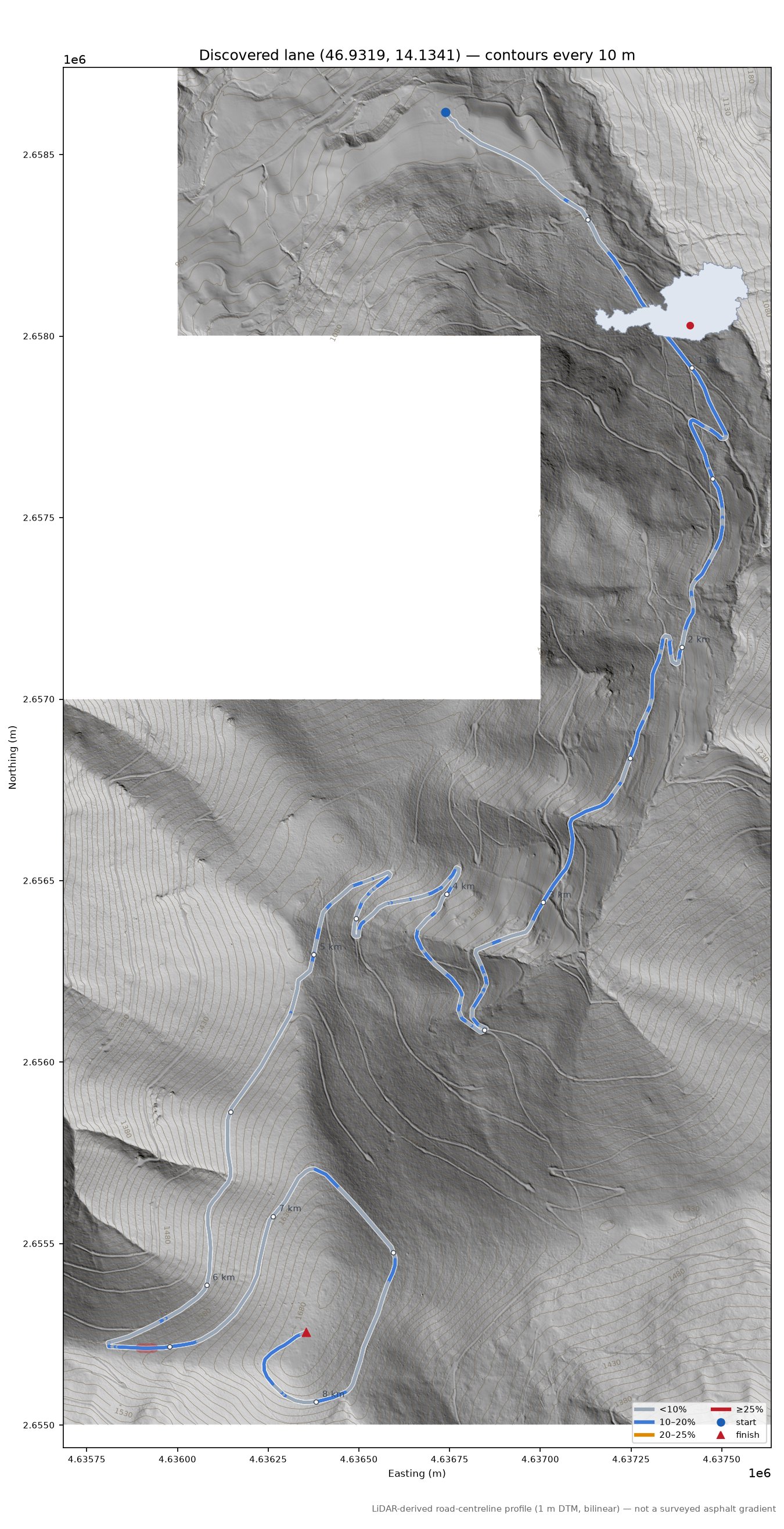 Discovered lane (46.9319, 14.1341) LiDAR hillshade map with contours