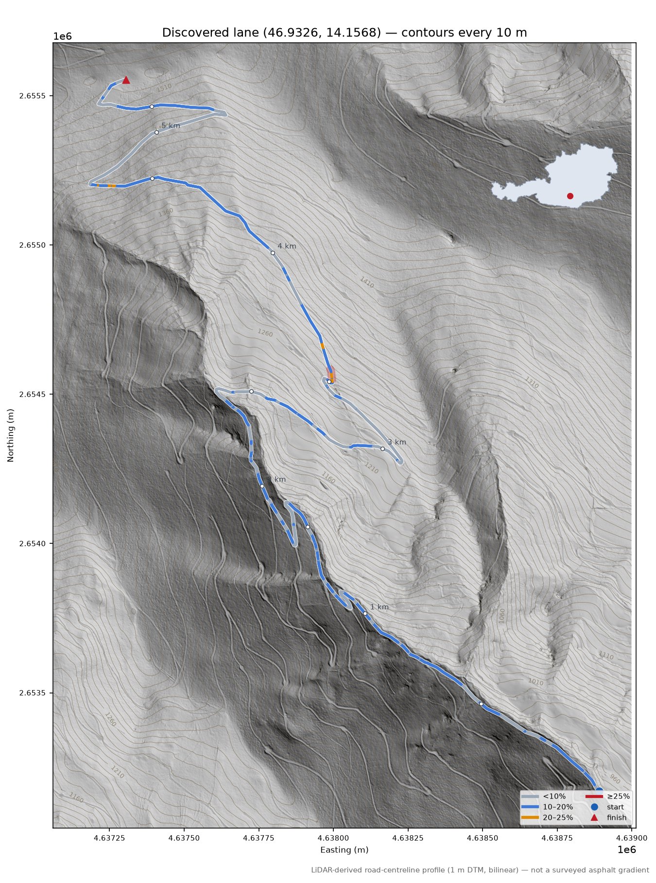 Discovered lane (46.9326, 14.1568) LiDAR hillshade map with contours