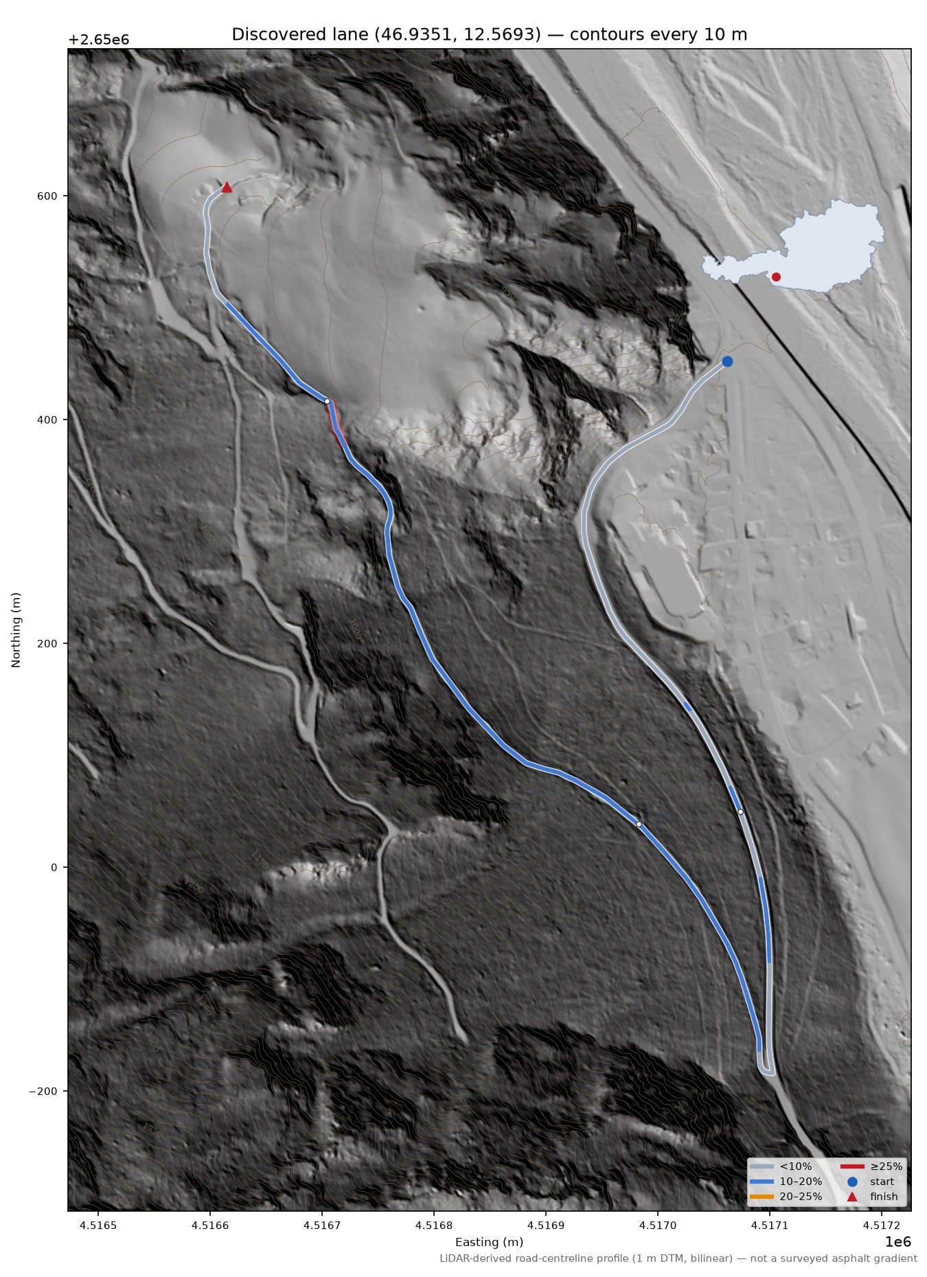 Discovered lane (46.9351, 12.5693) LiDAR hillshade map with contours
