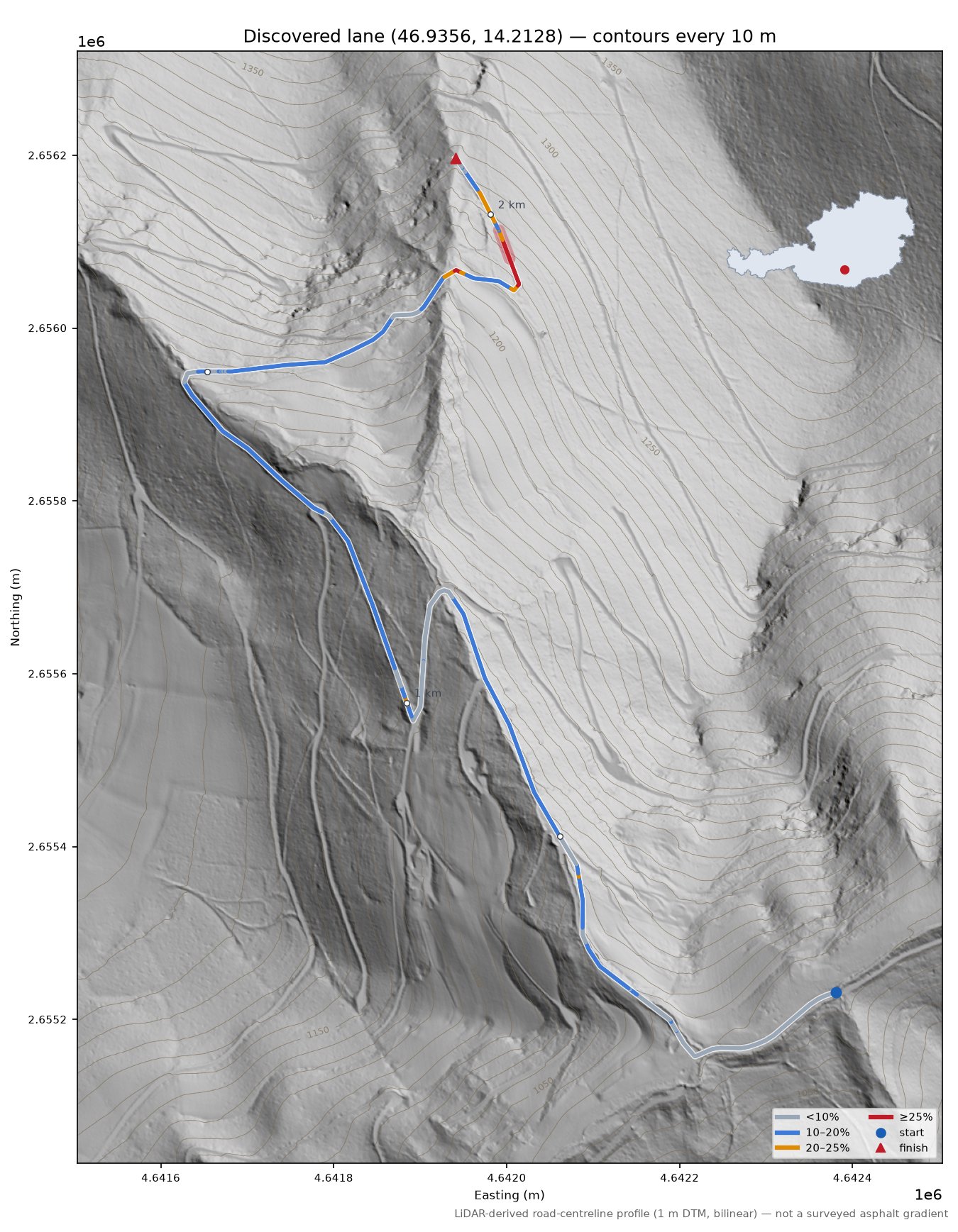 Discovered lane (46.9356, 14.2128) LiDAR hillshade map with contours