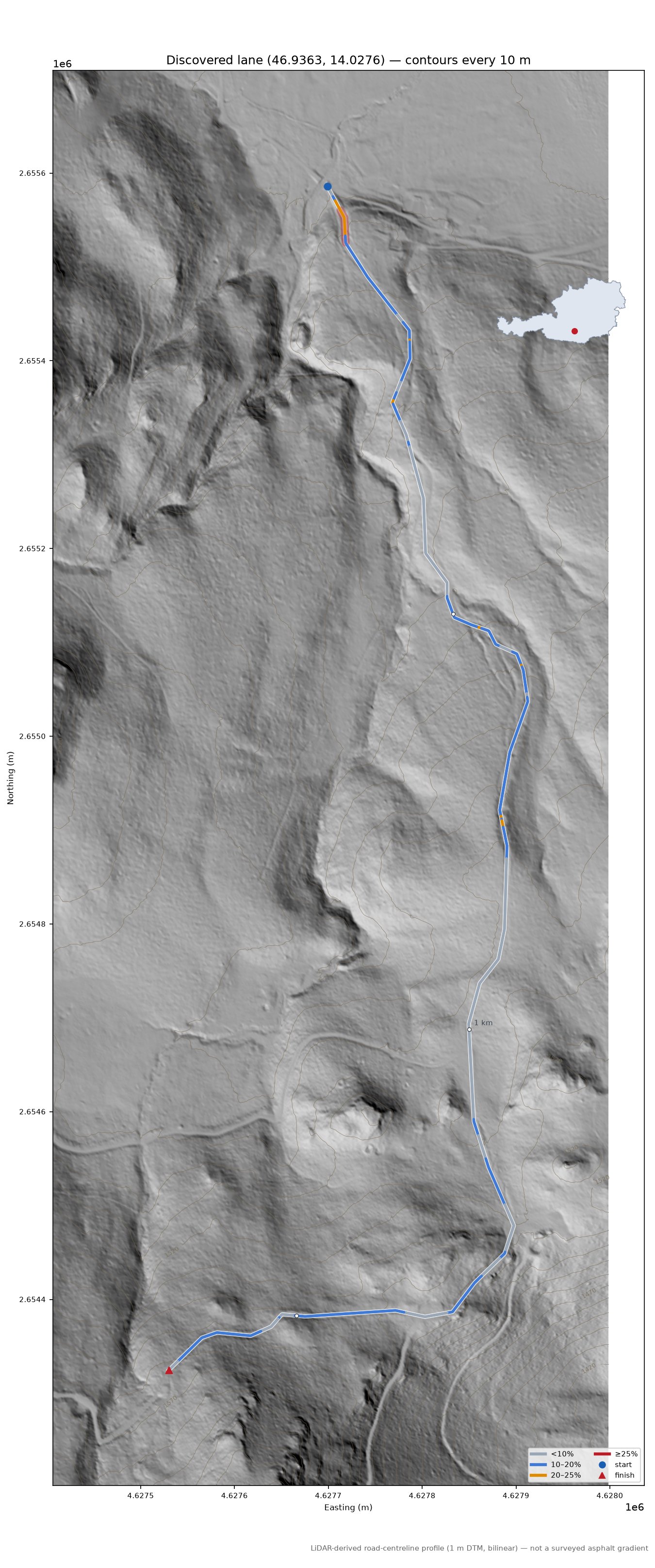 Discovered lane (46.9363, 14.0276) LiDAR hillshade map with contours