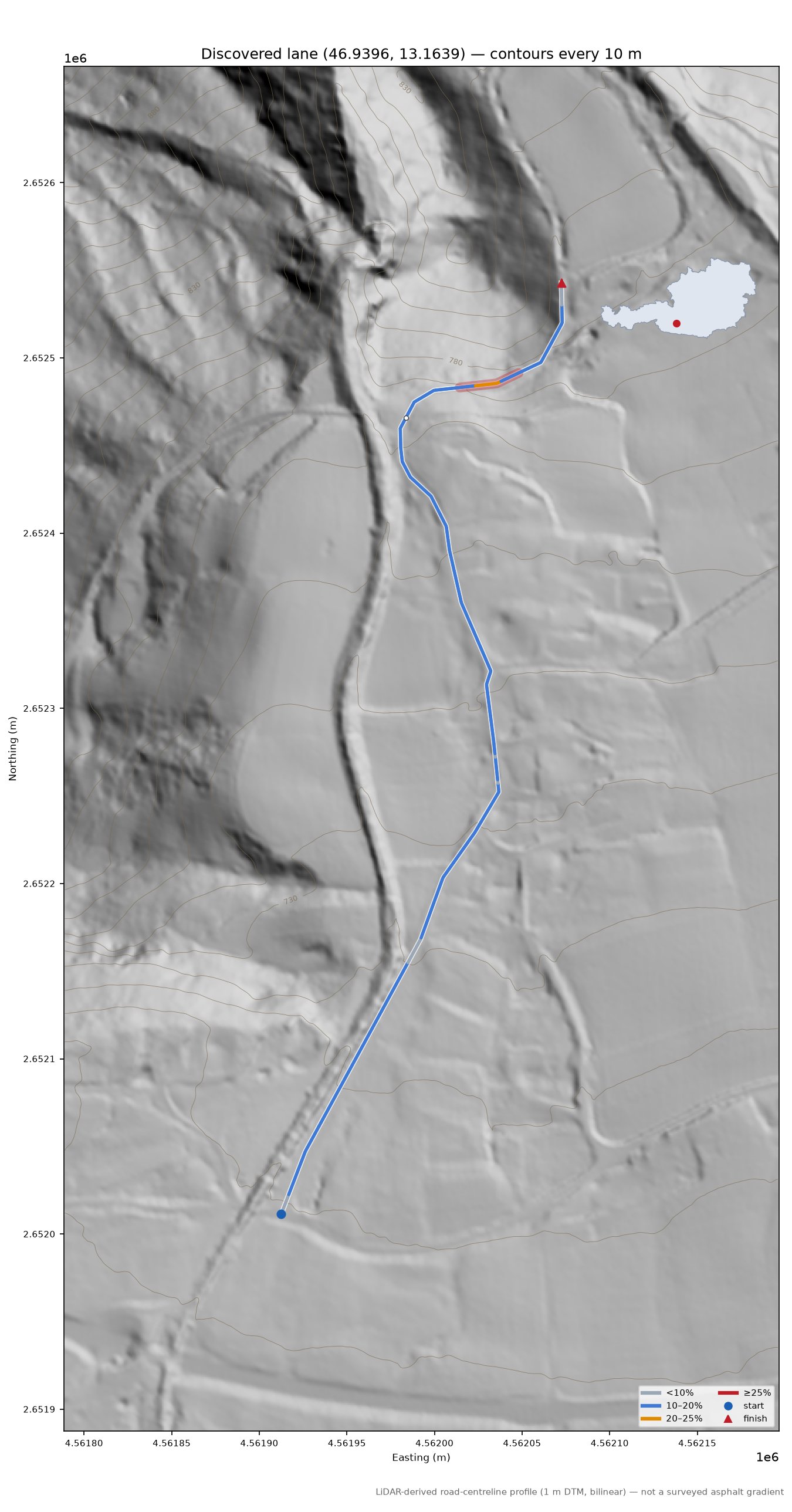 Discovered lane (46.9396, 13.1639) LiDAR hillshade map with contours