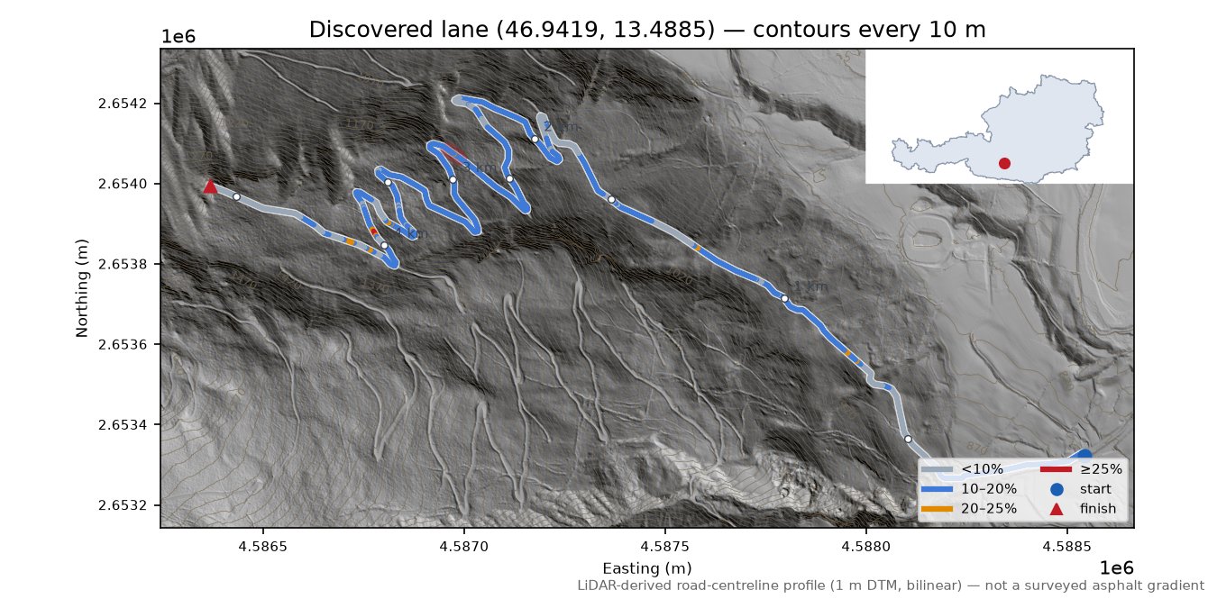 Discovered lane (46.9419, 13.4885) LiDAR hillshade map with contours