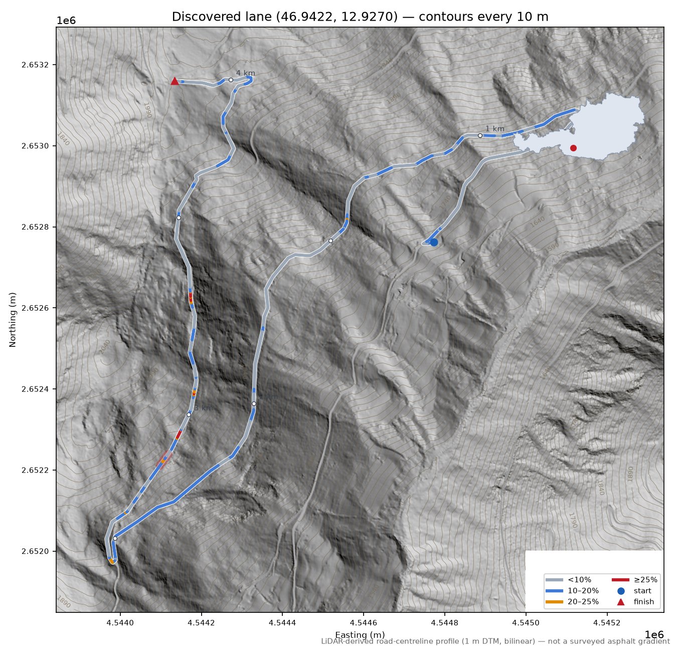 Discovered lane (46.9422, 12.9270) LiDAR hillshade map with contours
