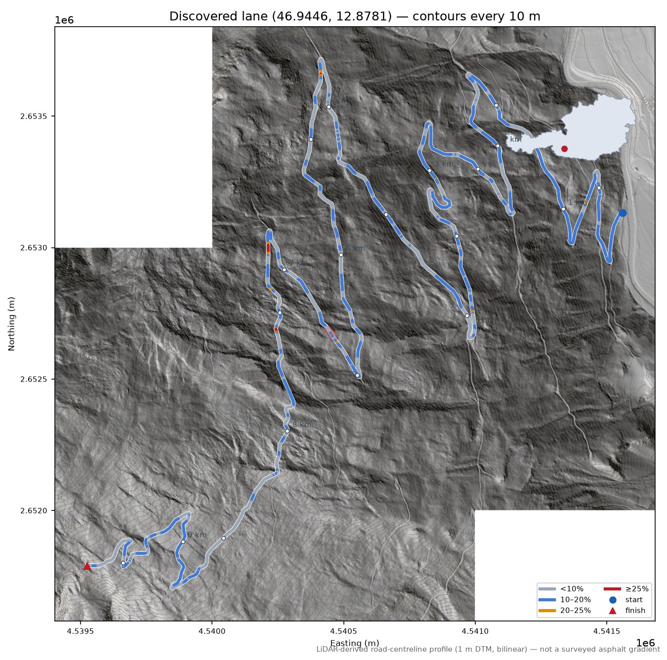 Discovered lane (46.9446, 12.8781) LiDAR hillshade map with contours