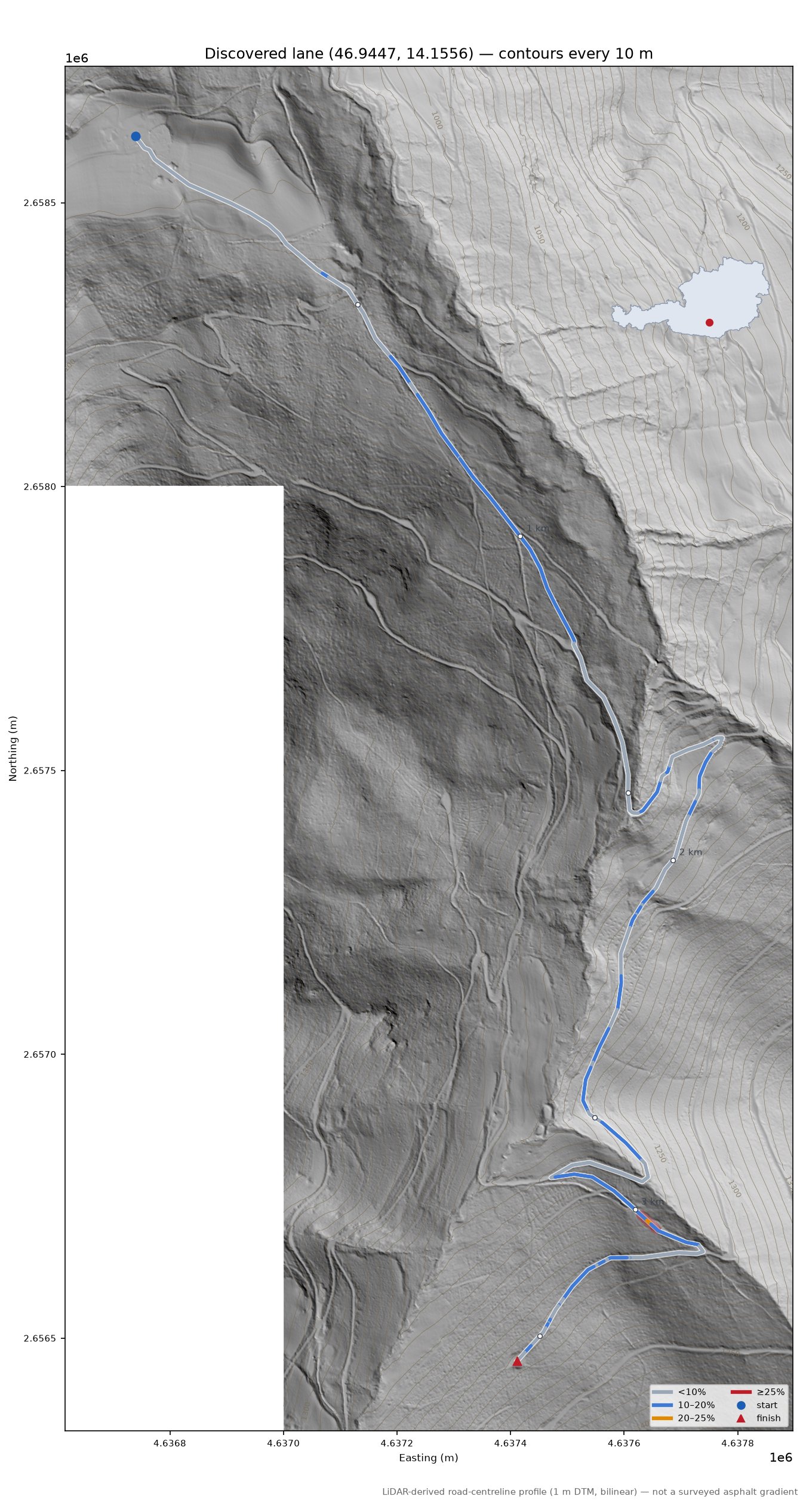 Discovered lane (46.9447, 14.1556) LiDAR hillshade map with contours