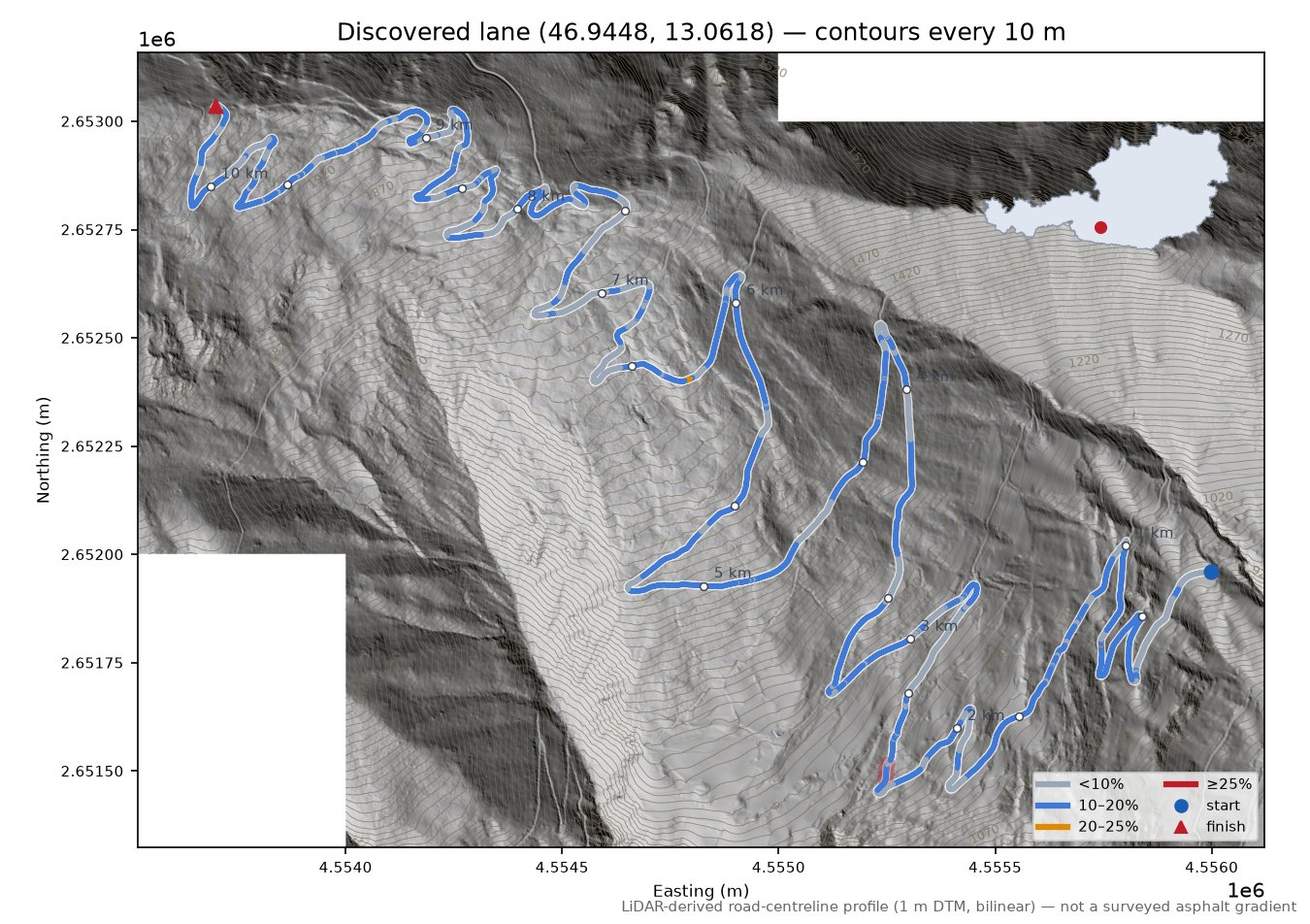 Discovered lane (46.9448, 13.0618) LiDAR hillshade map with contours
