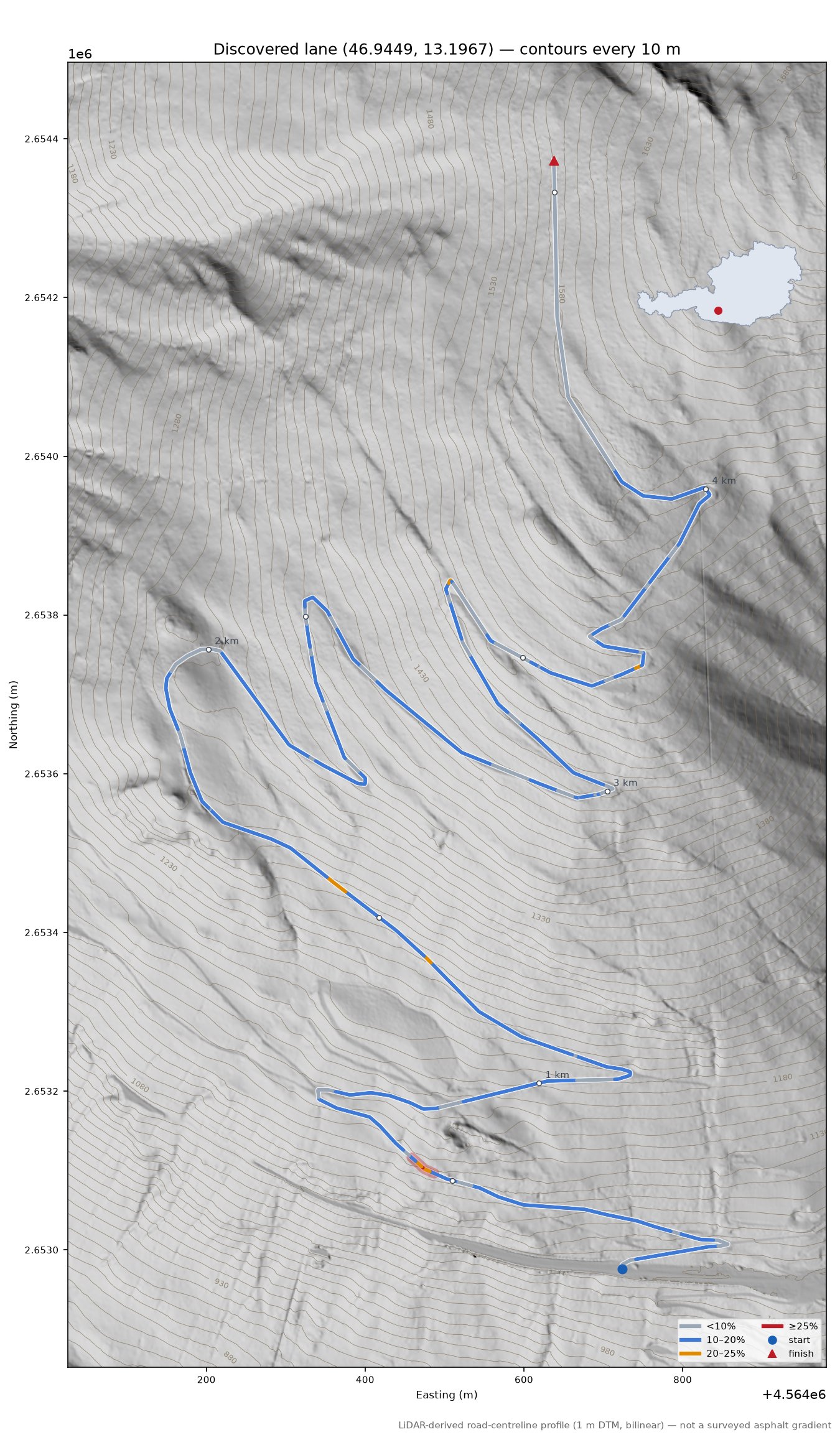 Discovered lane (46.9449, 13.1967) LiDAR hillshade map with contours