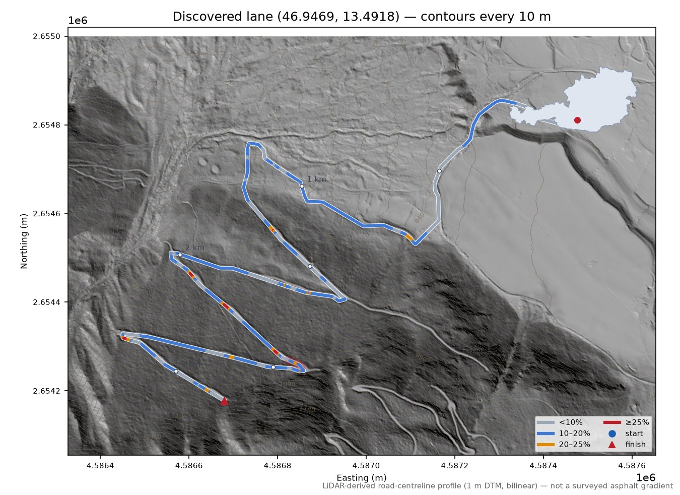 Discovered lane (46.9469, 13.4918) LiDAR hillshade map with contours