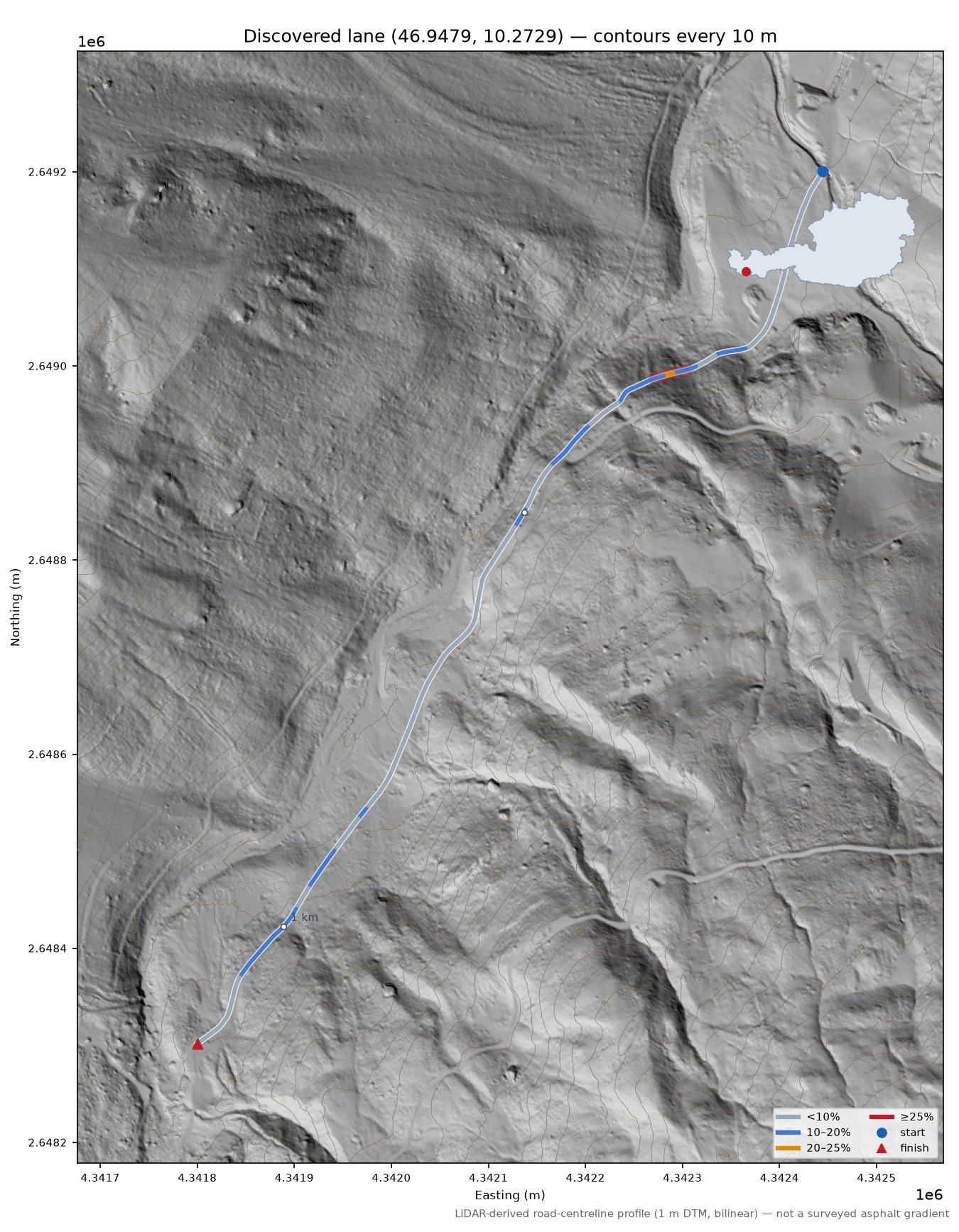 Discovered lane (46.9479, 10.2729) LiDAR hillshade map with contours