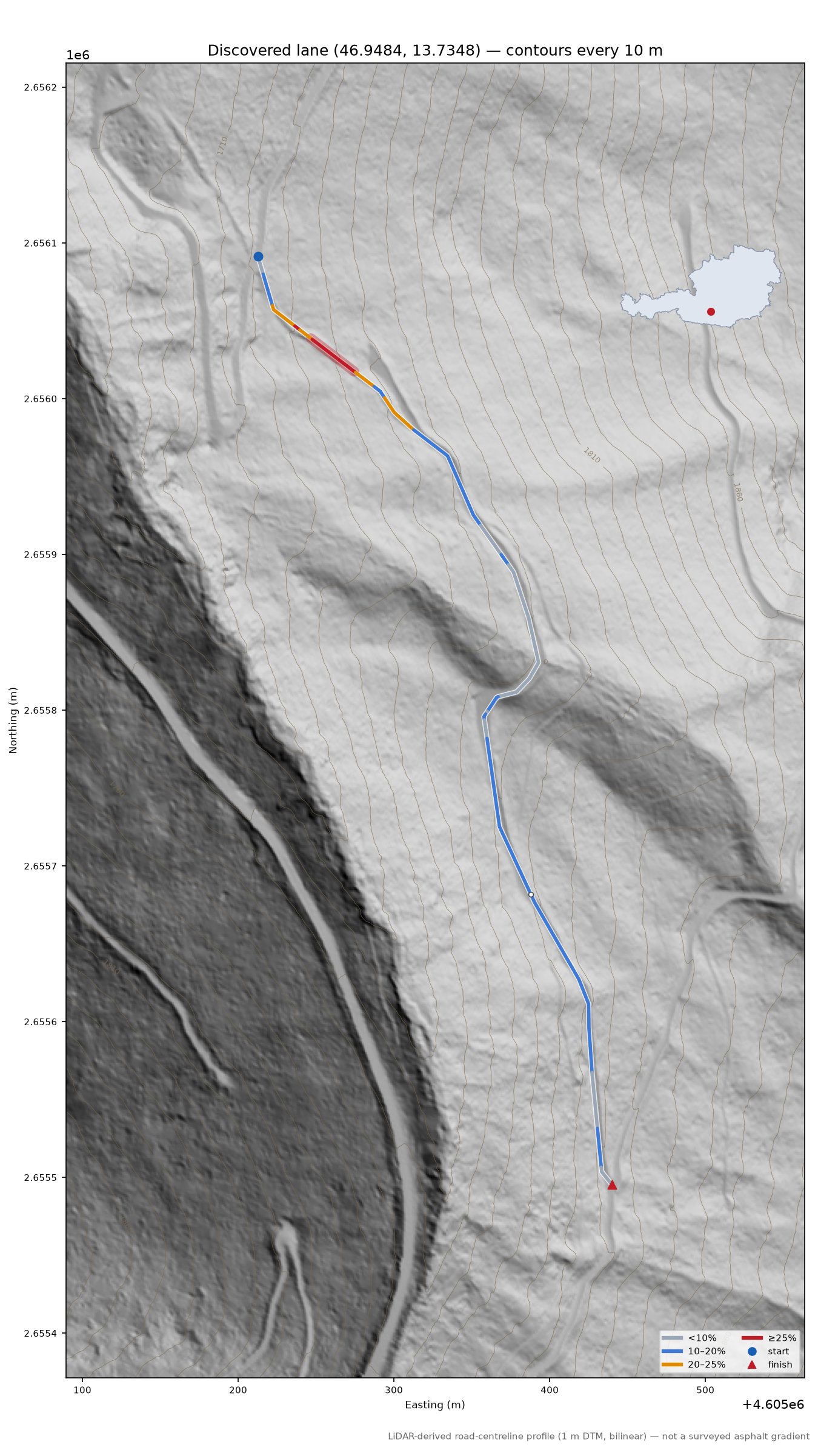 Discovered lane (46.9484, 13.7348) LiDAR hillshade map with contours