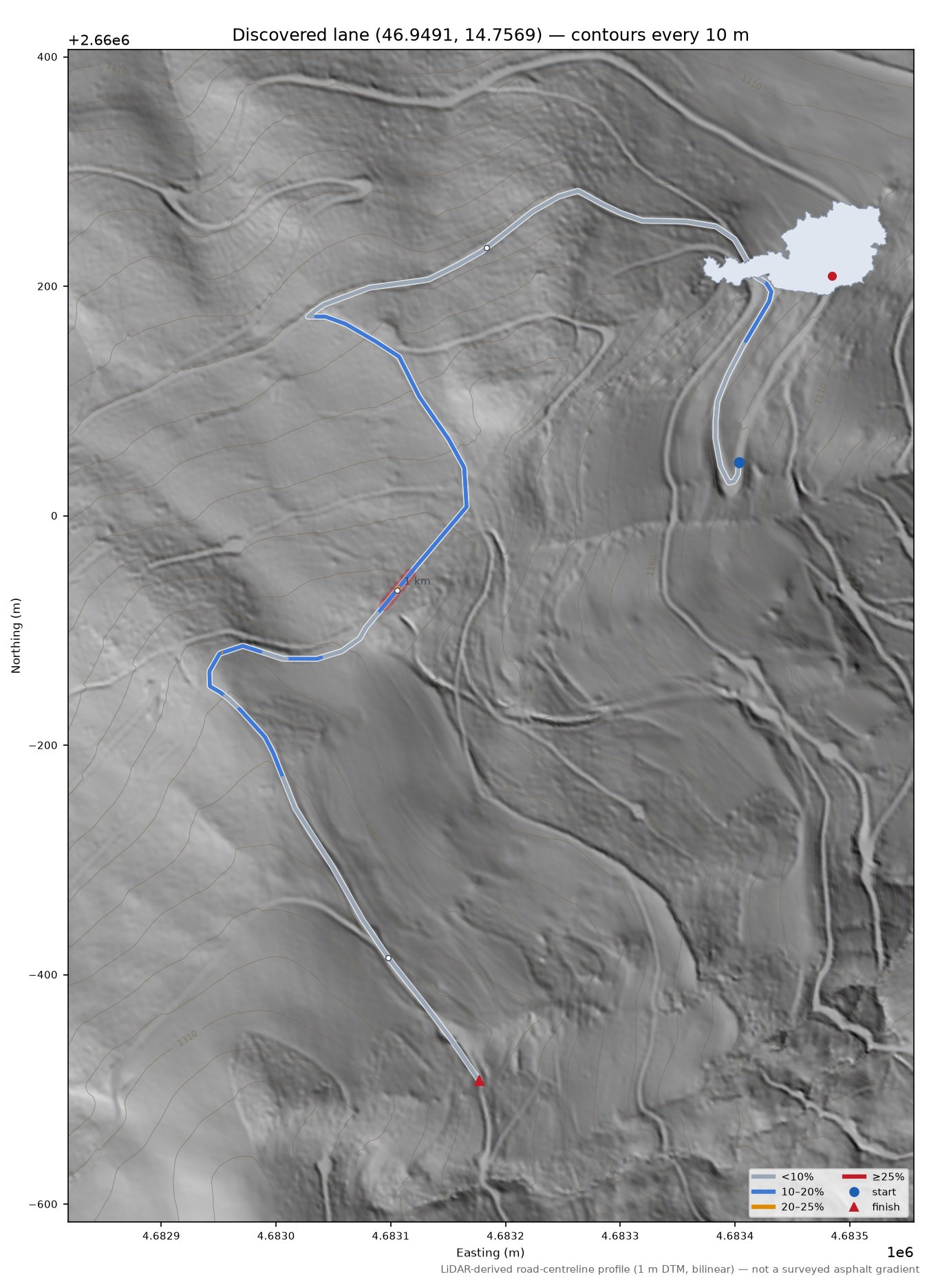 Discovered lane (46.9491, 14.7569) LiDAR hillshade map with contours