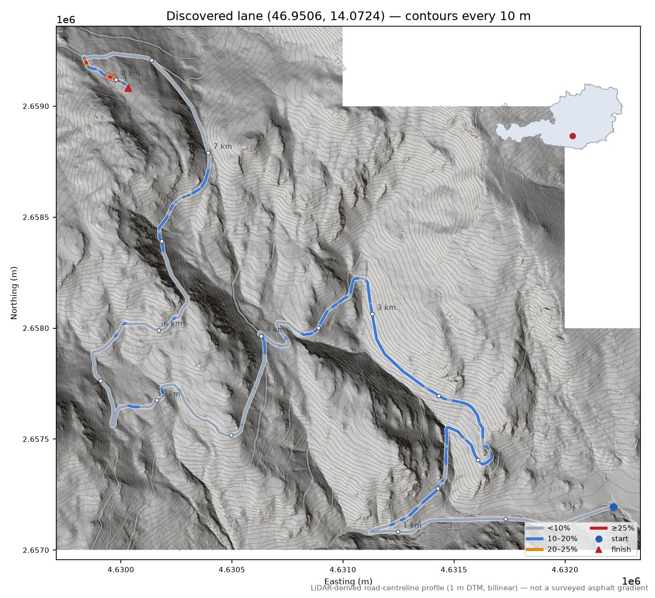 Discovered lane (46.9506, 14.0724) LiDAR hillshade map with contours