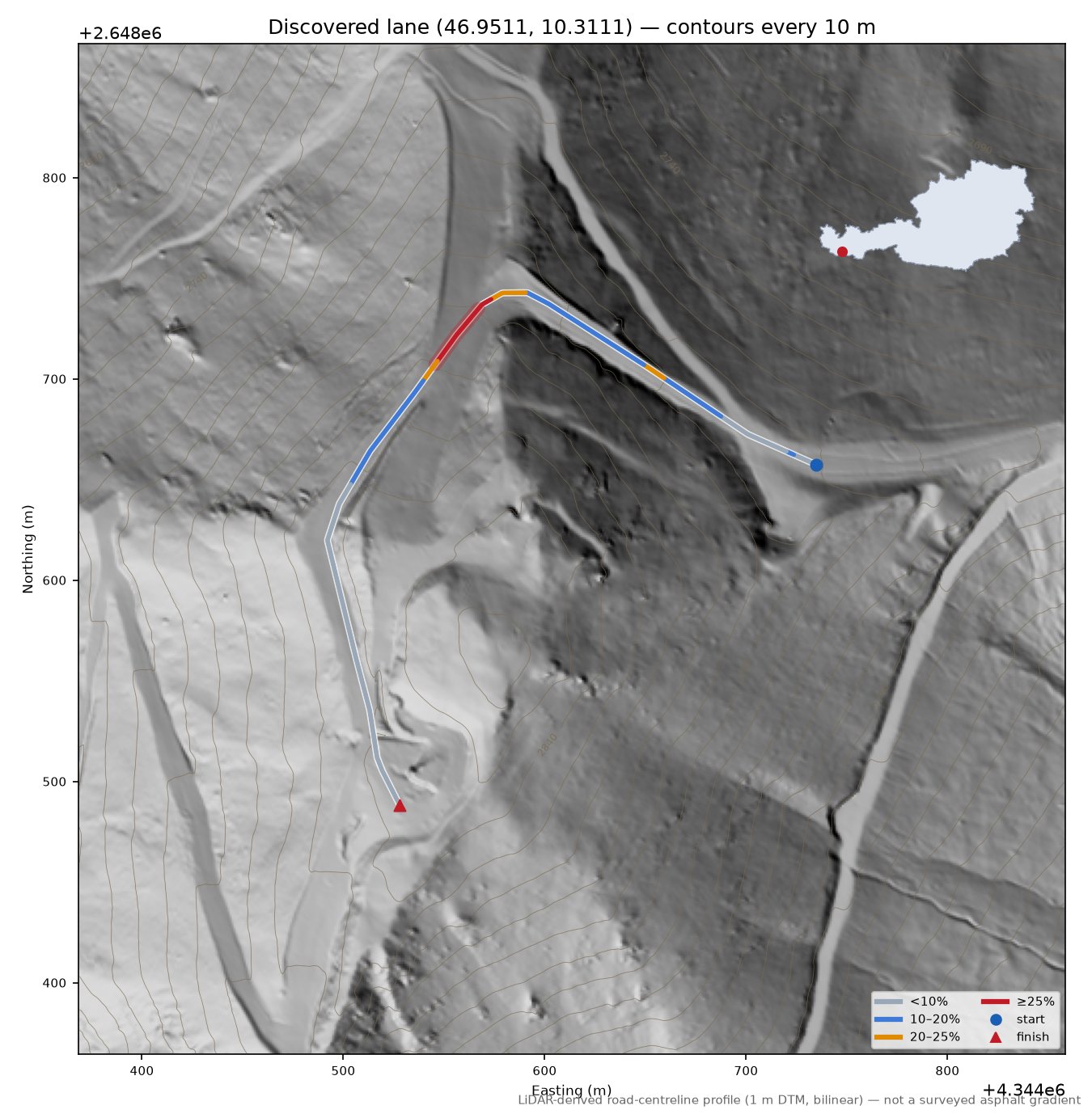 Discovered lane (46.9511, 10.3111) LiDAR hillshade map with contours