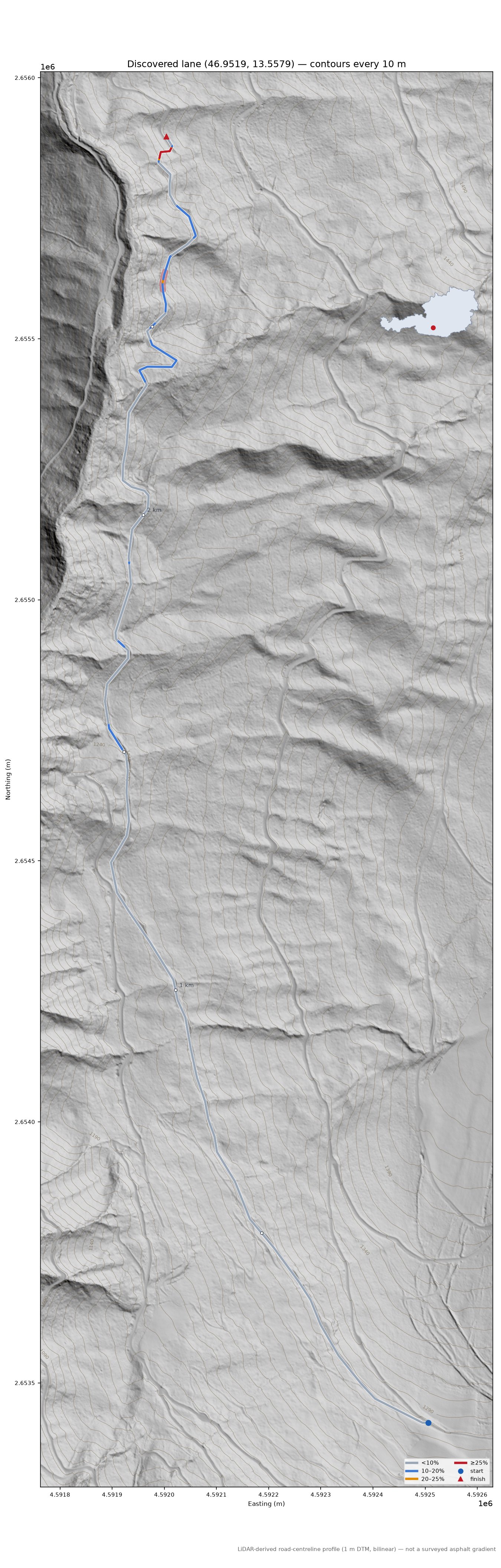 Discovered lane (46.9519, 13.5579) LiDAR hillshade map with contours