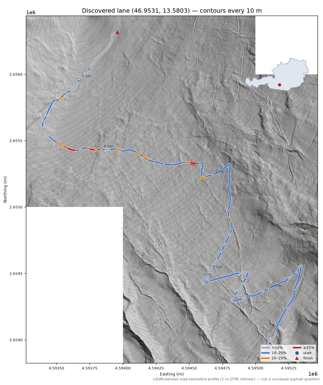 Discovered lane (46.9531, 13.5803) LiDAR hillshade map with contours