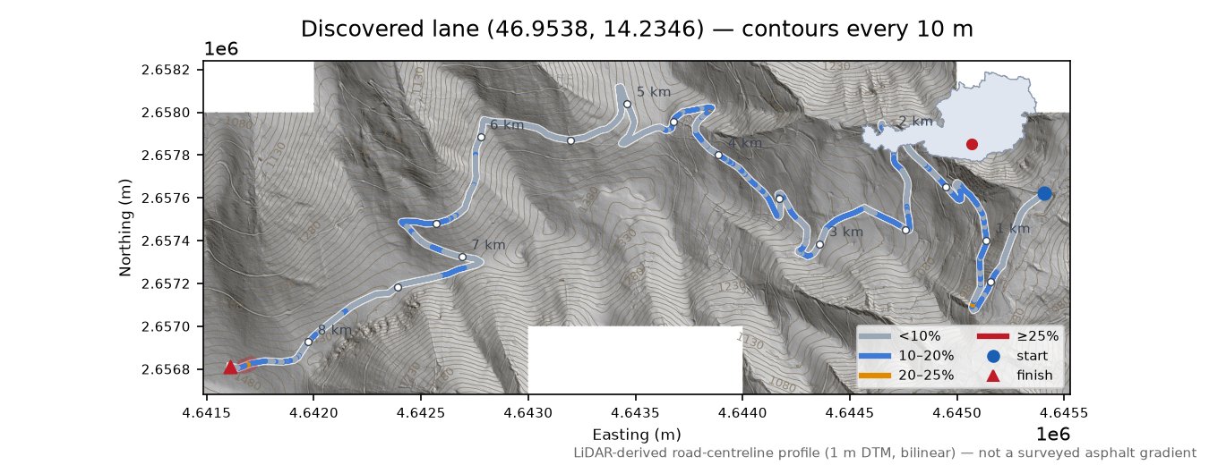 Discovered lane (46.9538, 14.2346) LiDAR hillshade map with contours