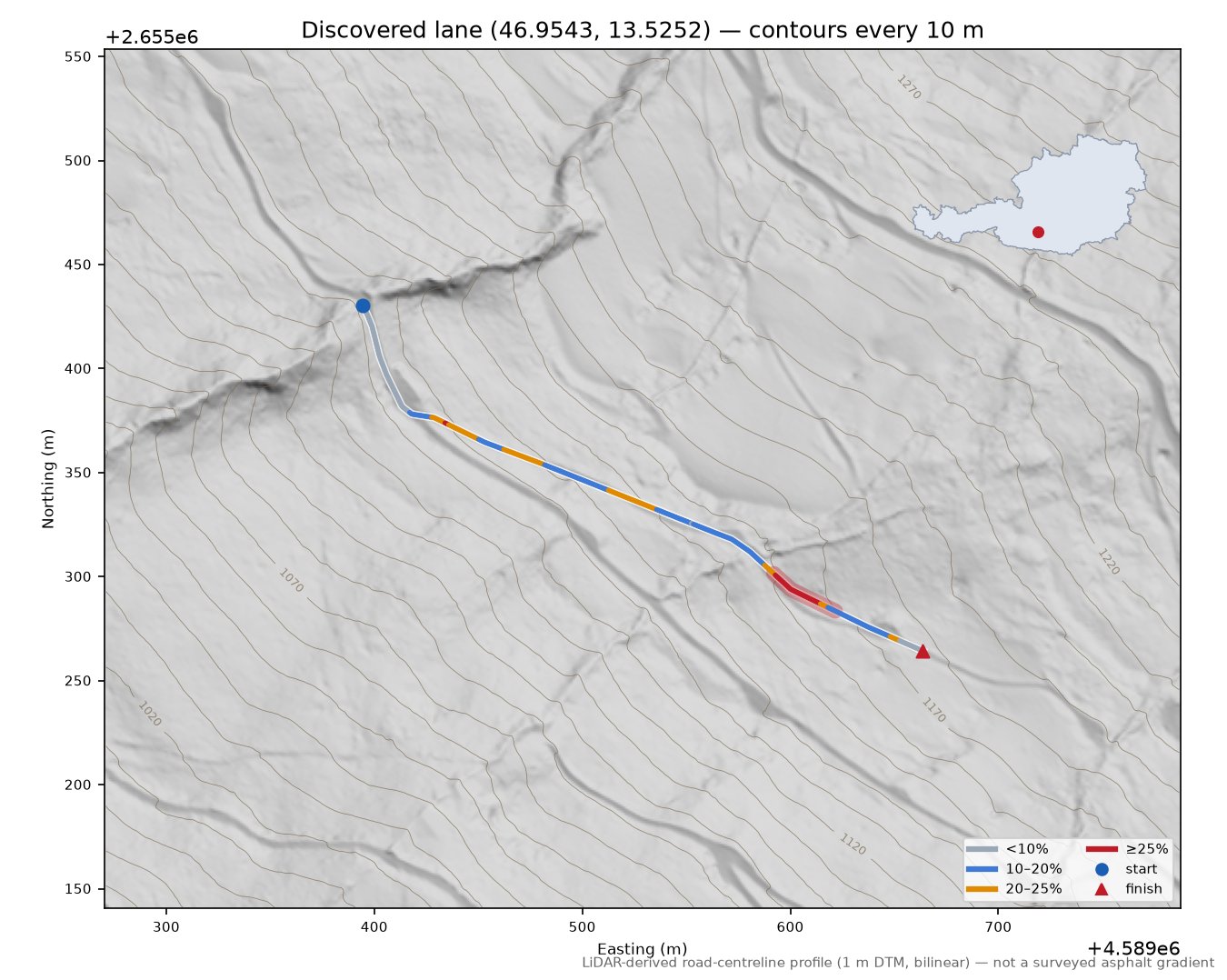 Discovered lane (46.9543, 13.5252) LiDAR hillshade map with contours
