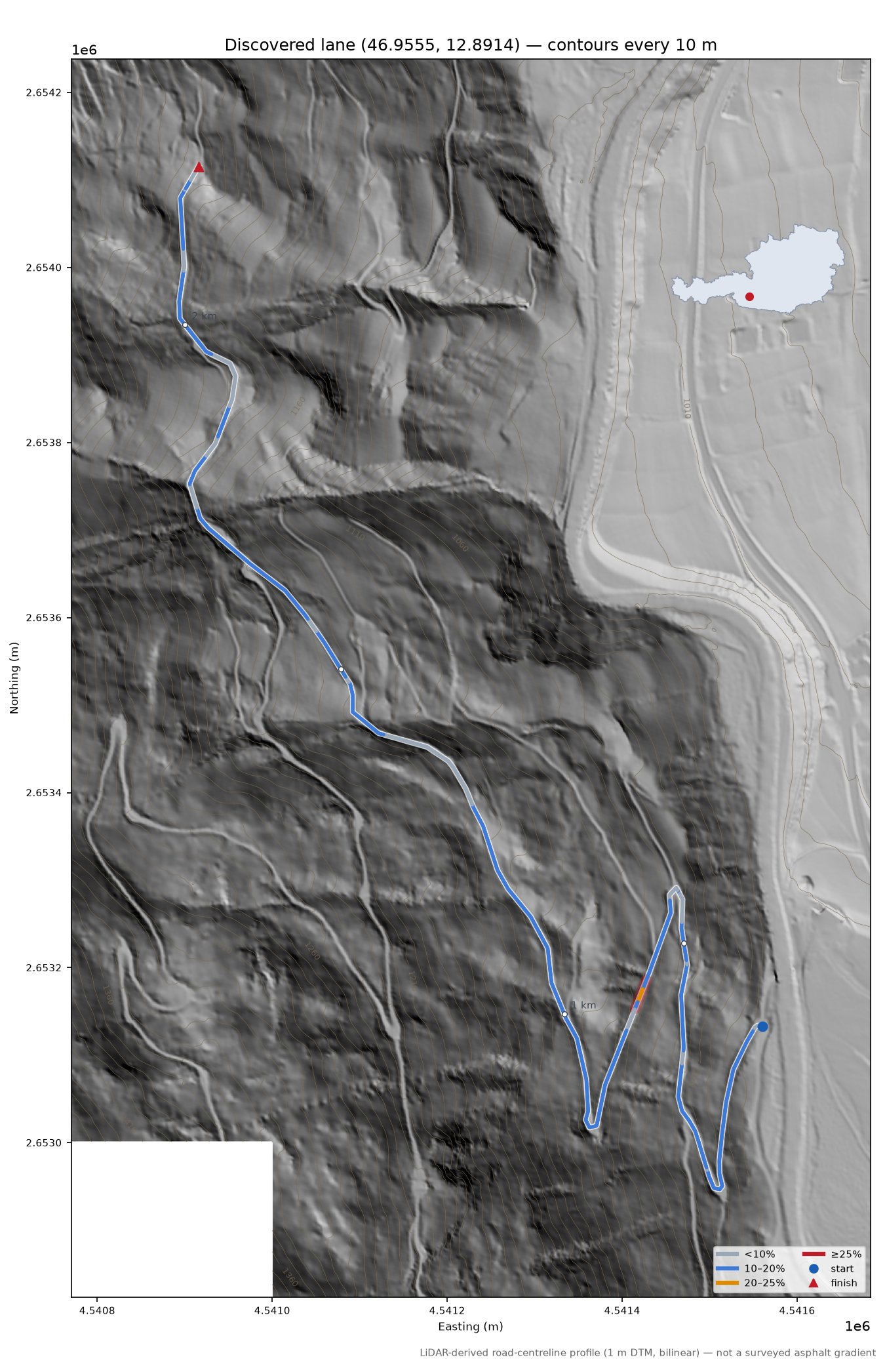 Discovered lane (46.9555, 12.8914) LiDAR hillshade map with contours