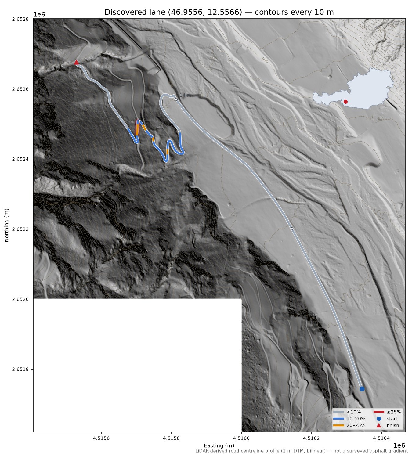 Discovered lane (46.9556, 12.5566) LiDAR hillshade map with contours