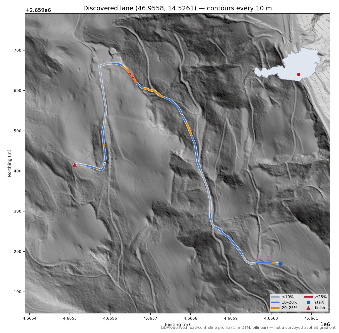 Discovered lane (46.9558, 14.5261) LiDAR hillshade map with contours