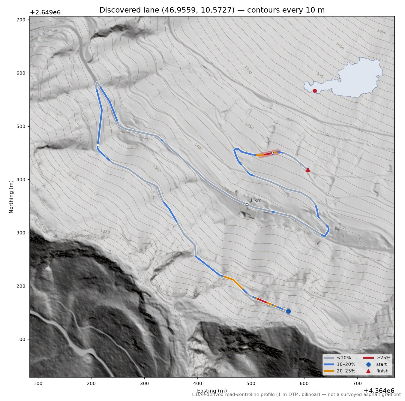 Discovered lane (46.9559, 10.5727) LiDAR hillshade map with contours