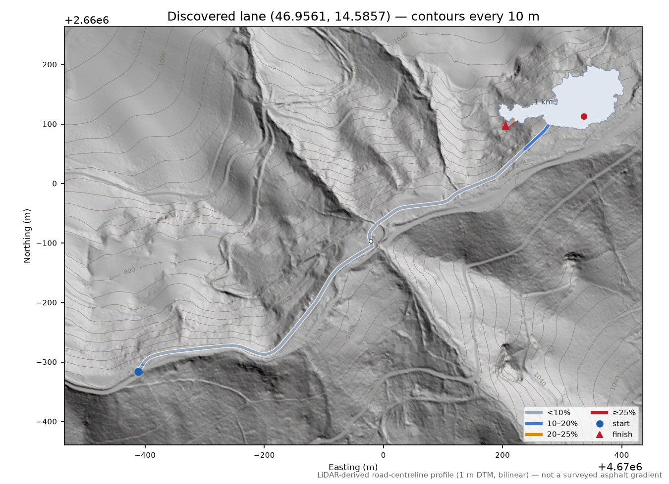 Discovered lane (46.9561, 14.5857) LiDAR hillshade map with contours