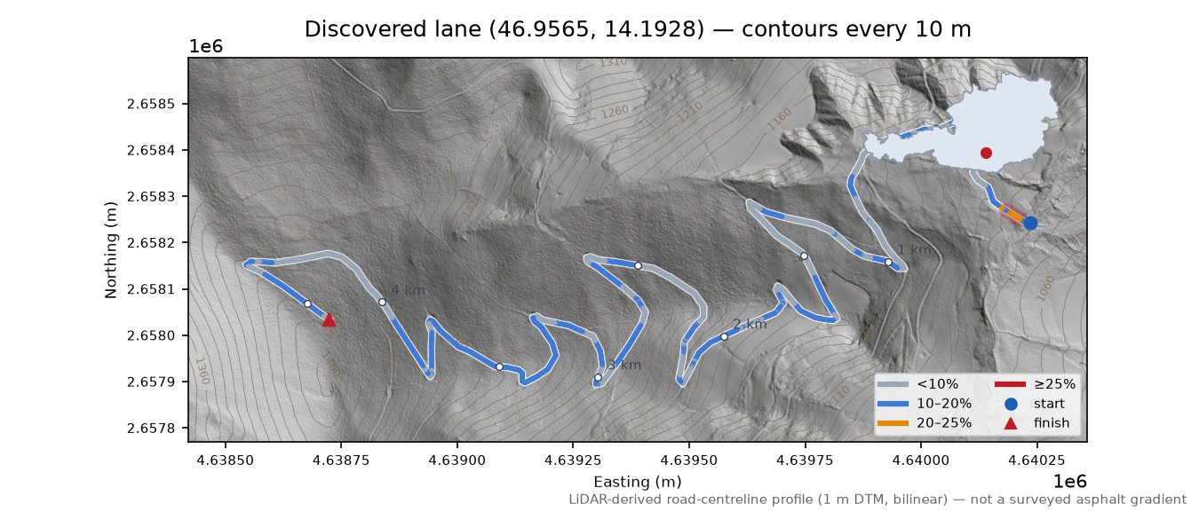 Discovered lane (46.9565, 14.1928) LiDAR hillshade map with contours