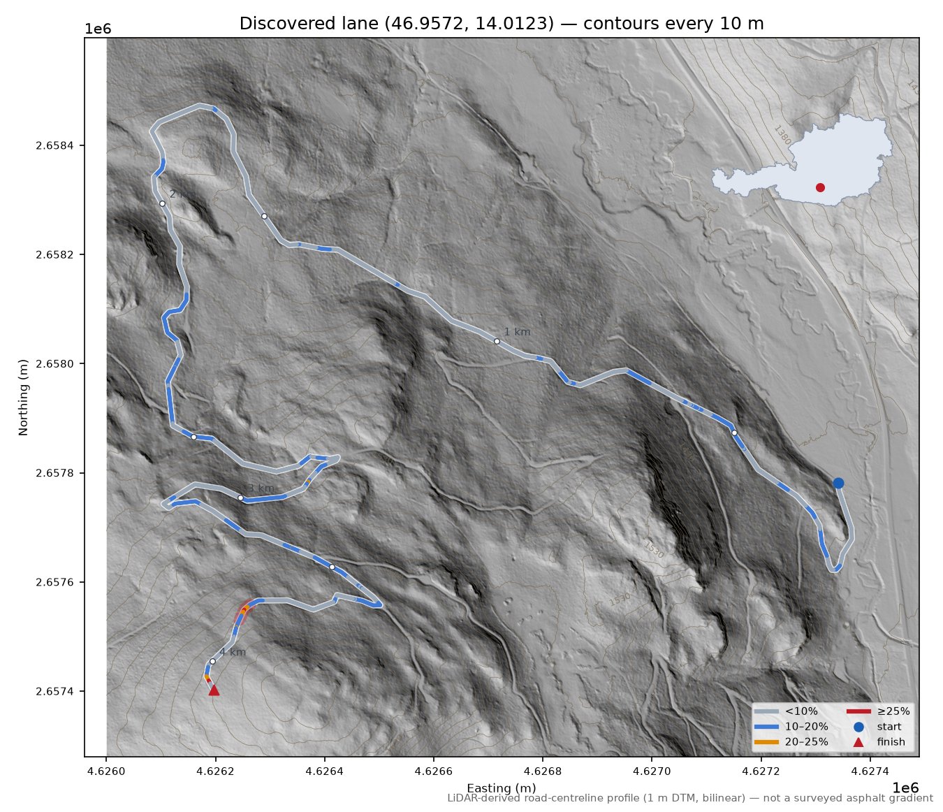 Discovered lane (46.9572, 14.0123) LiDAR hillshade map with contours