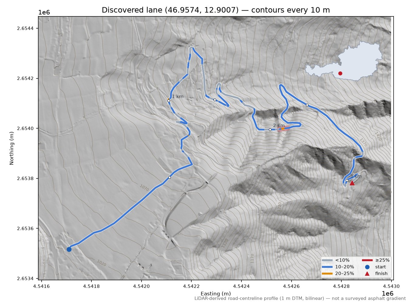 Discovered lane (46.9574, 12.9007) LiDAR hillshade map with contours