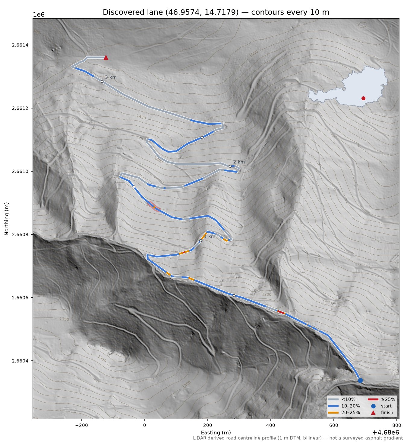 Discovered lane (46.9574, 14.7179) LiDAR hillshade map with contours