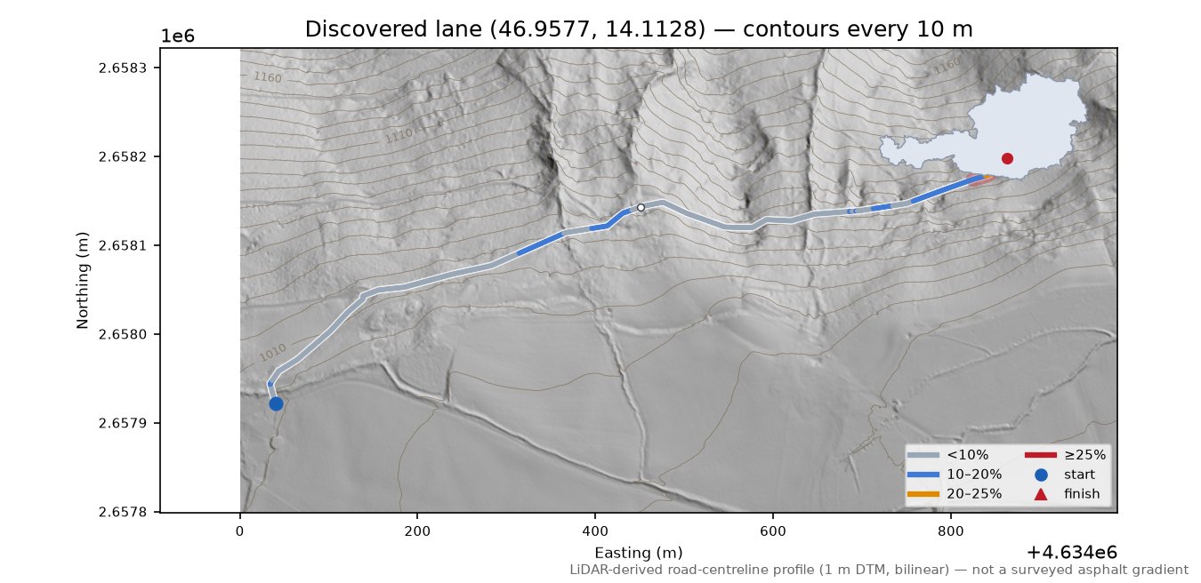 Discovered lane (46.9577, 14.1128) LiDAR hillshade map with contours