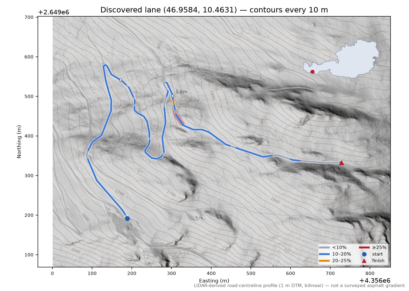 Discovered lane (46.9584, 10.4631) LiDAR hillshade map with contours